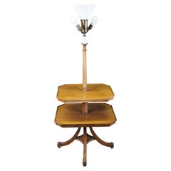 Mid Century French Country Walnut Tiered 3 Light Torchiere Floor Lamp End Table