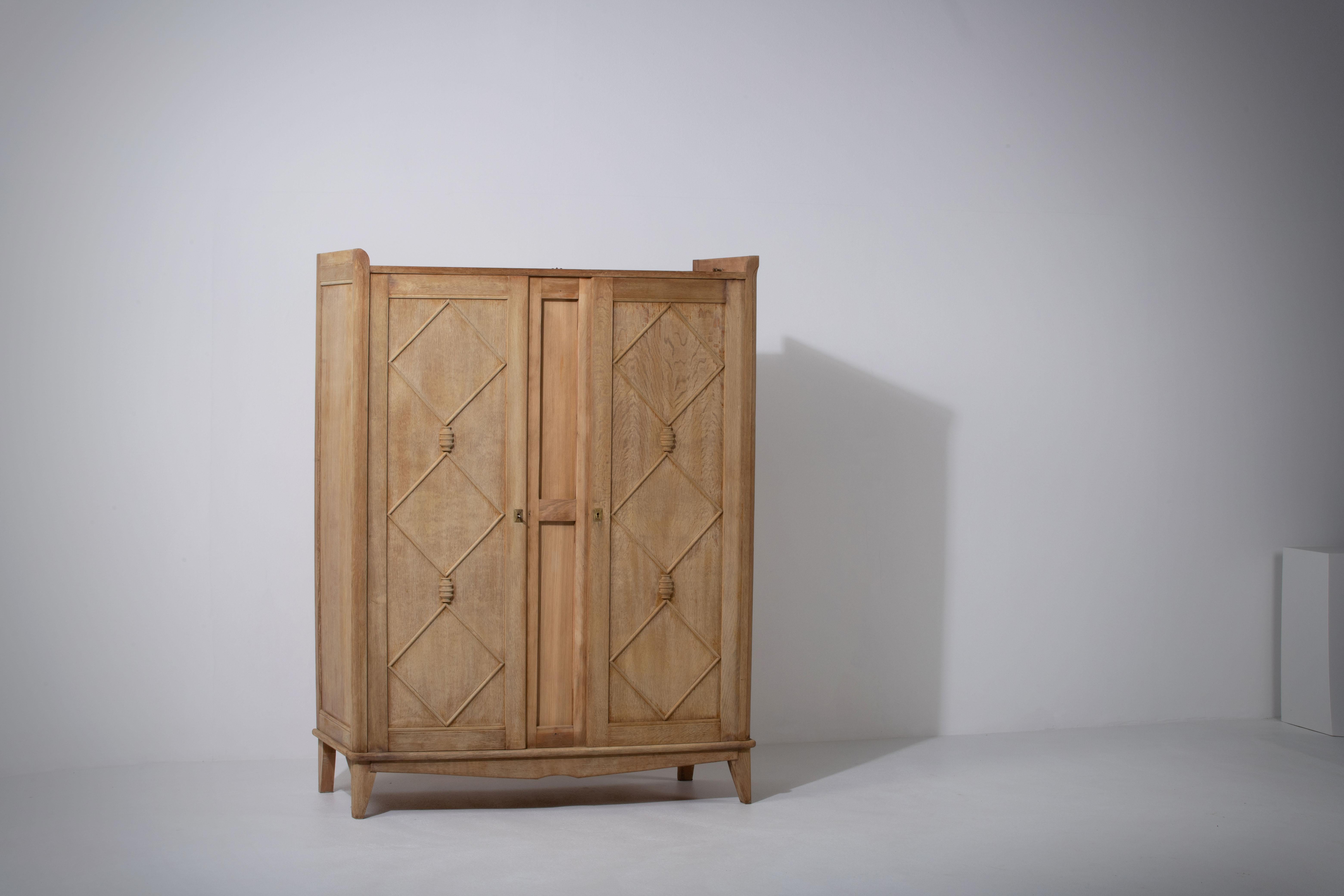 Mid-Century Modern Midcentury French Croisillon-Patterned Natural Oak Armoire
