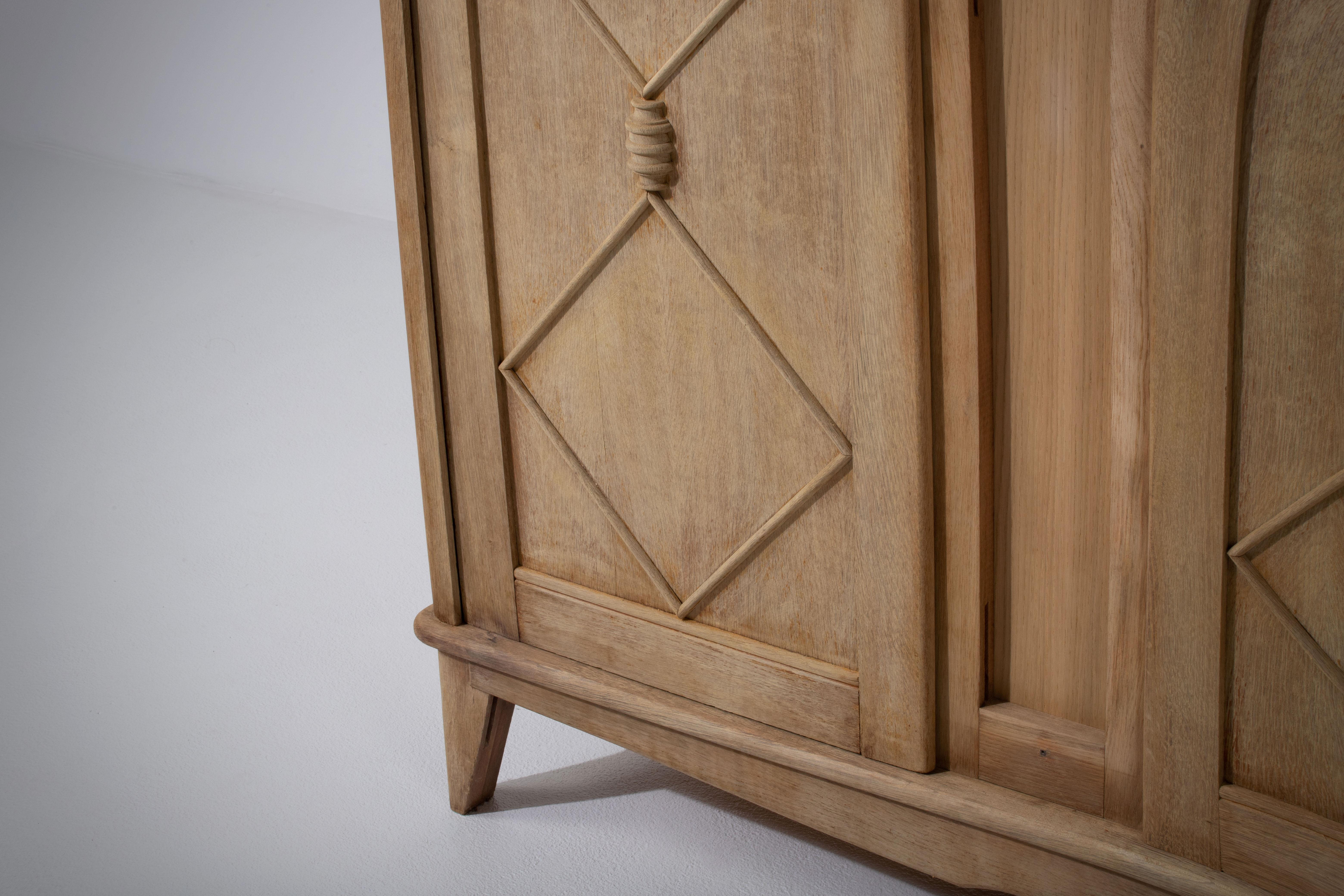 Mid-20th Century Midcentury French Croisillon-Patterned Natural Oak Armoire