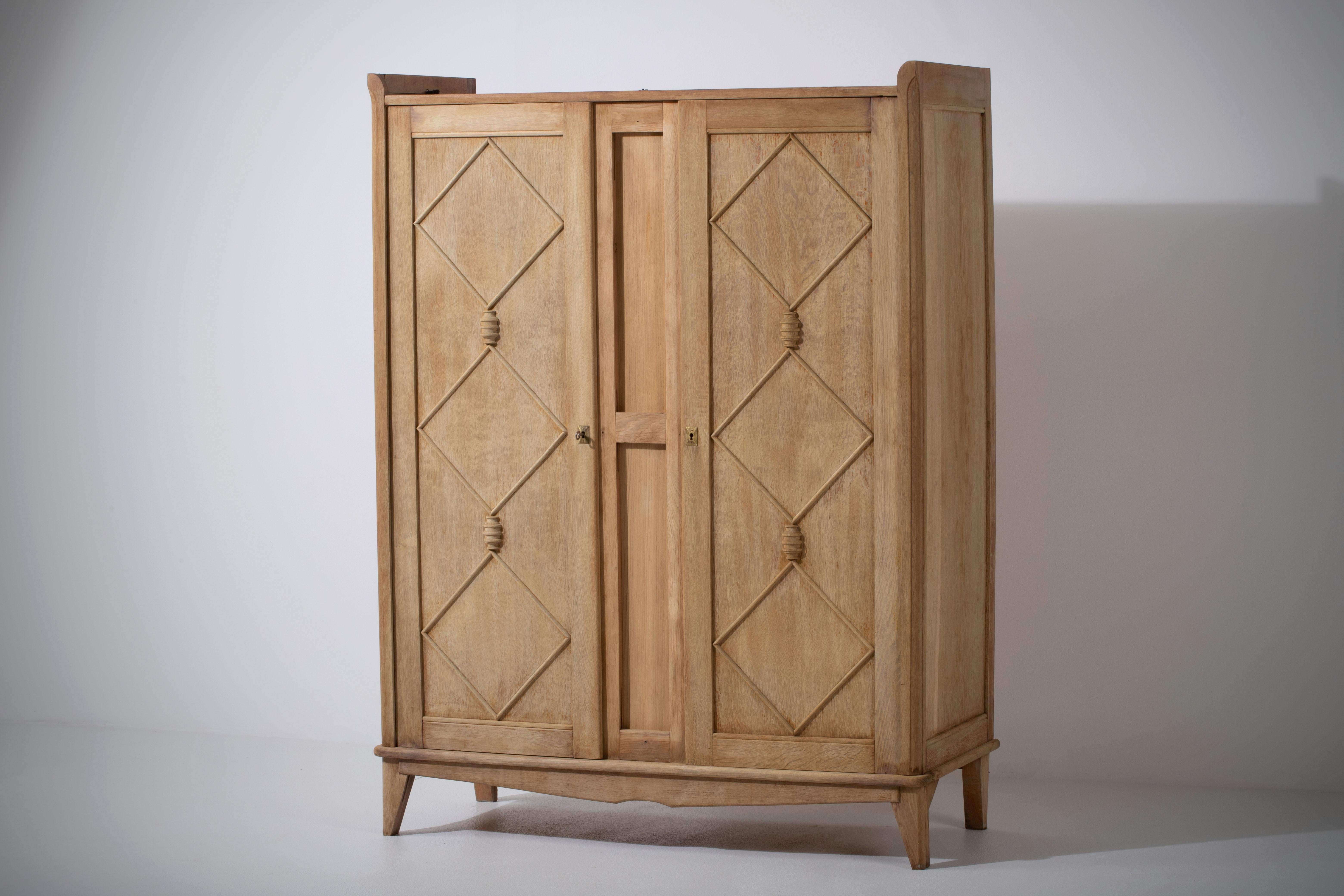 Midcentury French Croisillon-Patterned Natural Oak Armoire 2