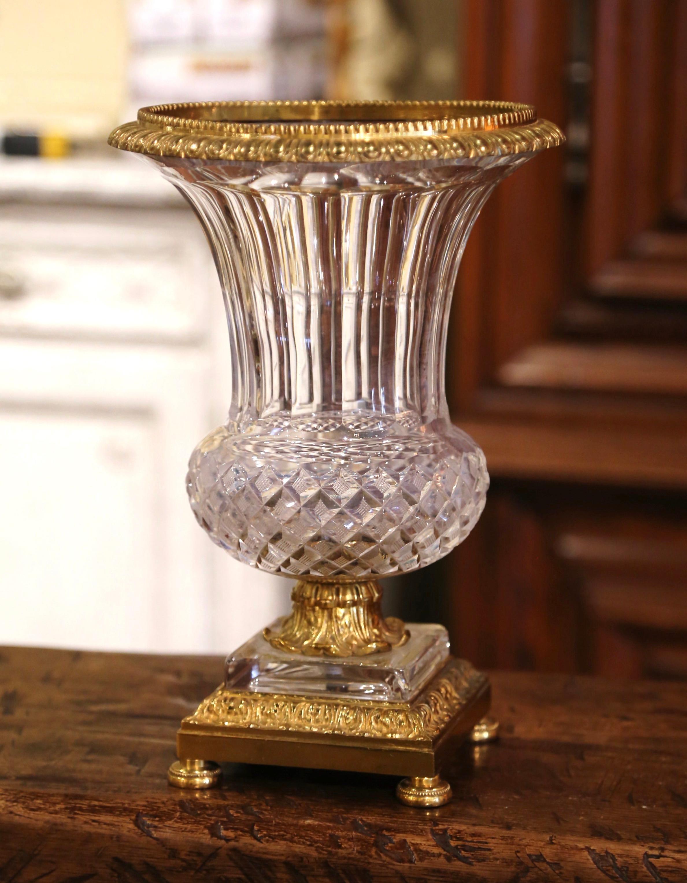 Mid-Century French Crystal and Bronze Dore Medicis Urn Vase In Excellent Condition In Dallas, TX