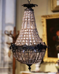 Mid-Century French Crystal and Patinated Bronze Four-Light Basket Chandelier