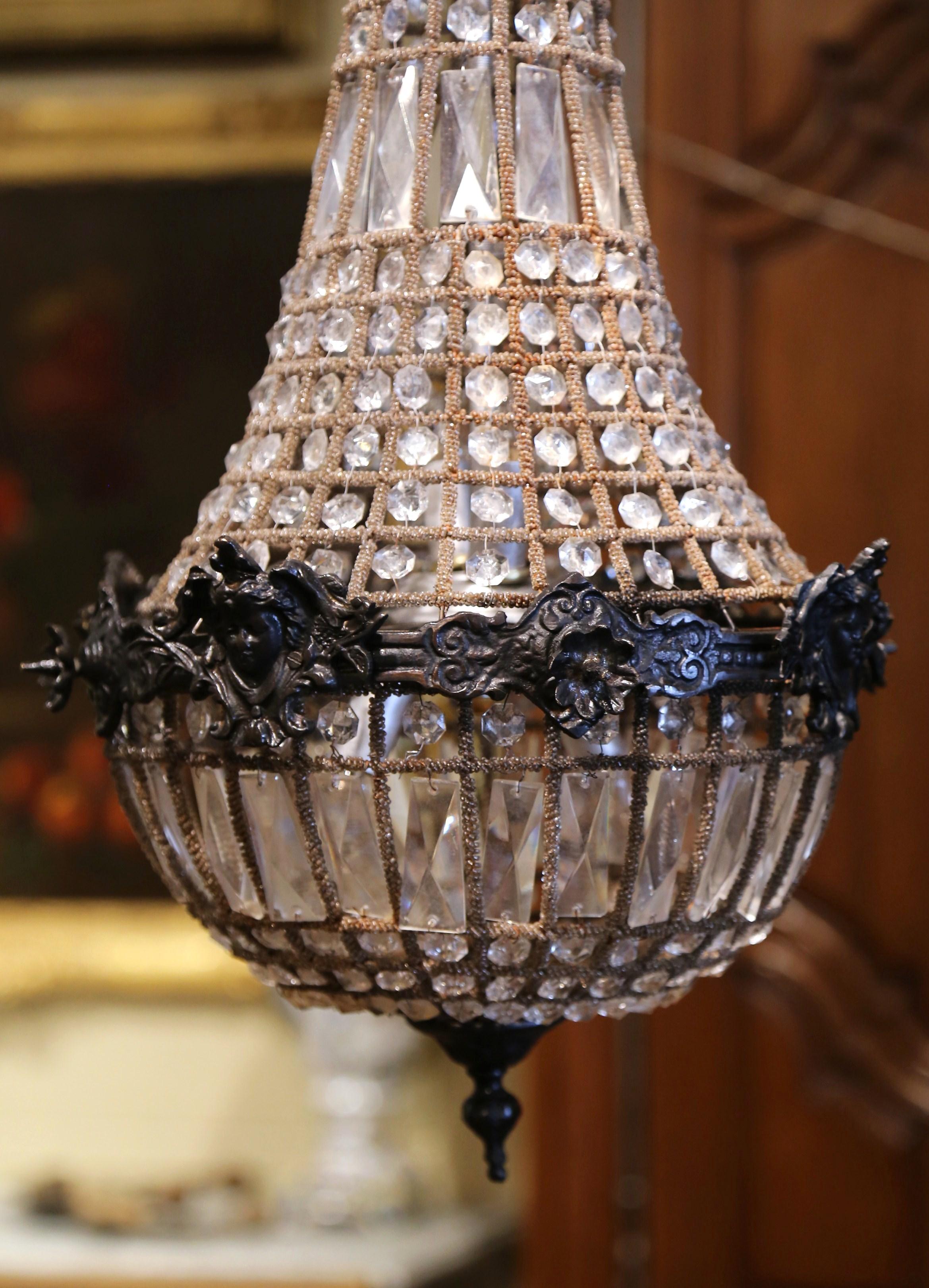 Louis XVI Mid-Century French Crystal and Patinated Bronze Four-Light Basket Chandelier