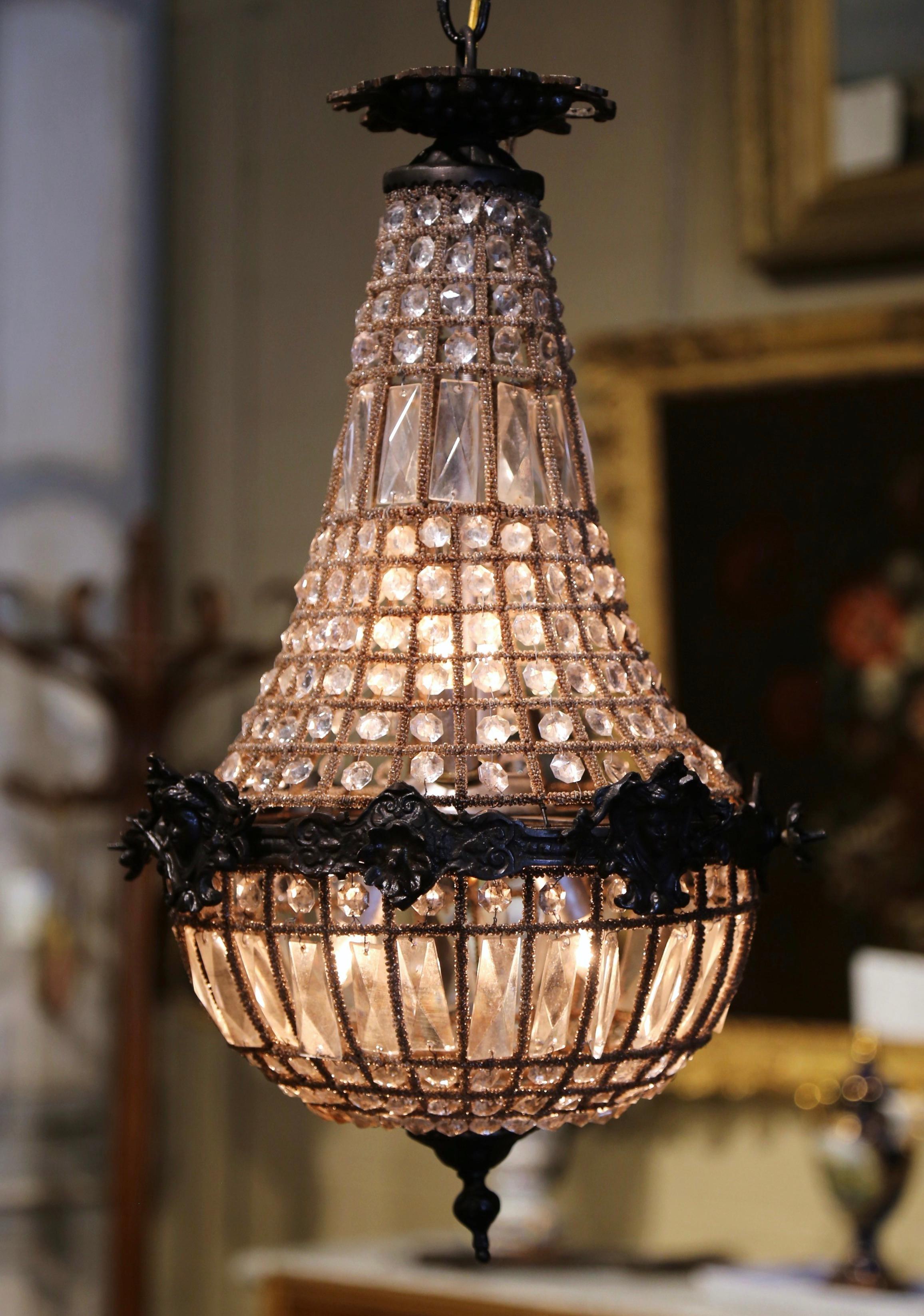 Hand-Crafted Mid-Century French Crystal and Patinated Bronze Four-Light Basket Chandelier
