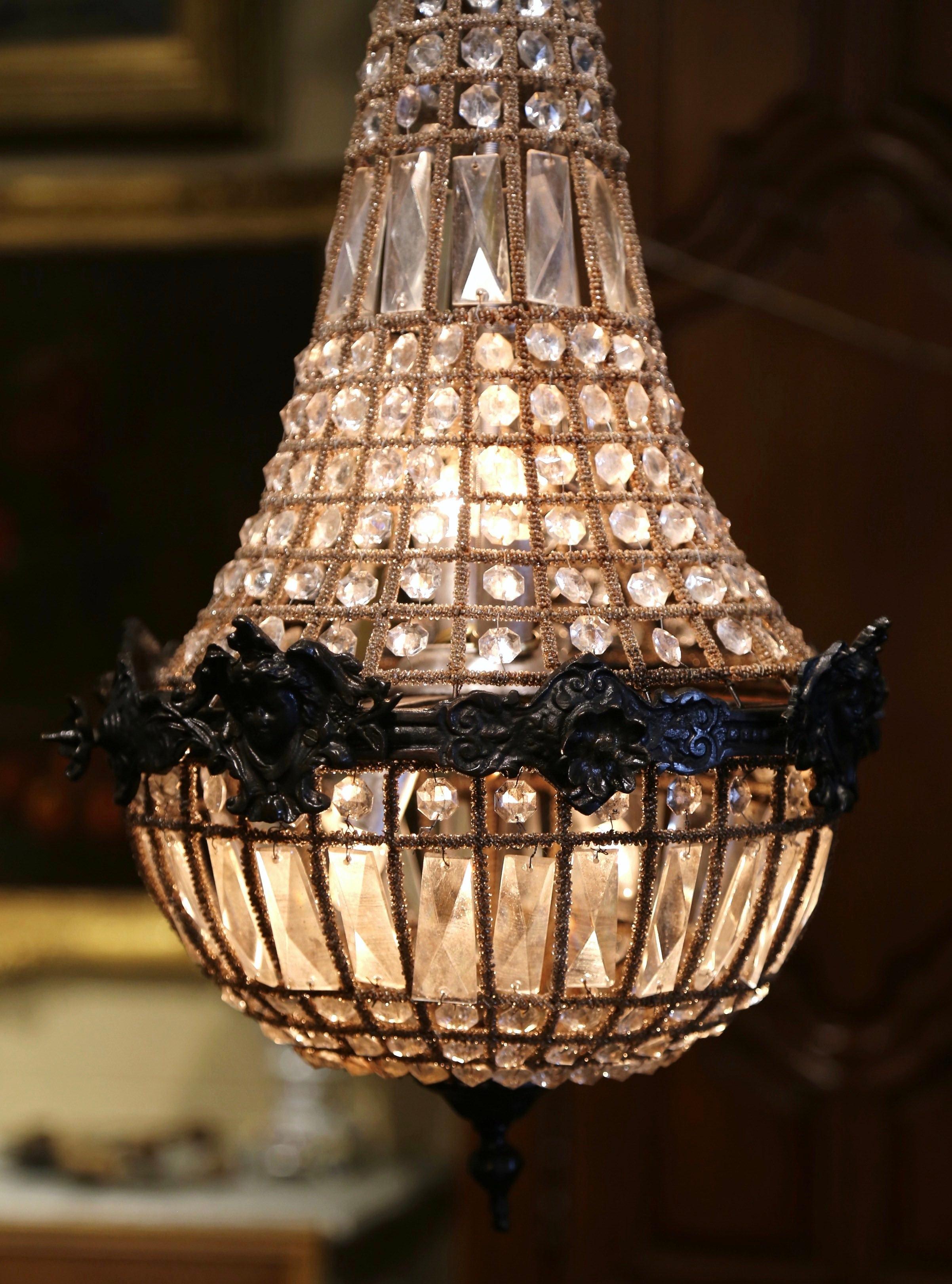 Mid-Century French Crystal and Patinated Bronze Four-Light Basket Chandelier In Excellent Condition In Dallas, TX