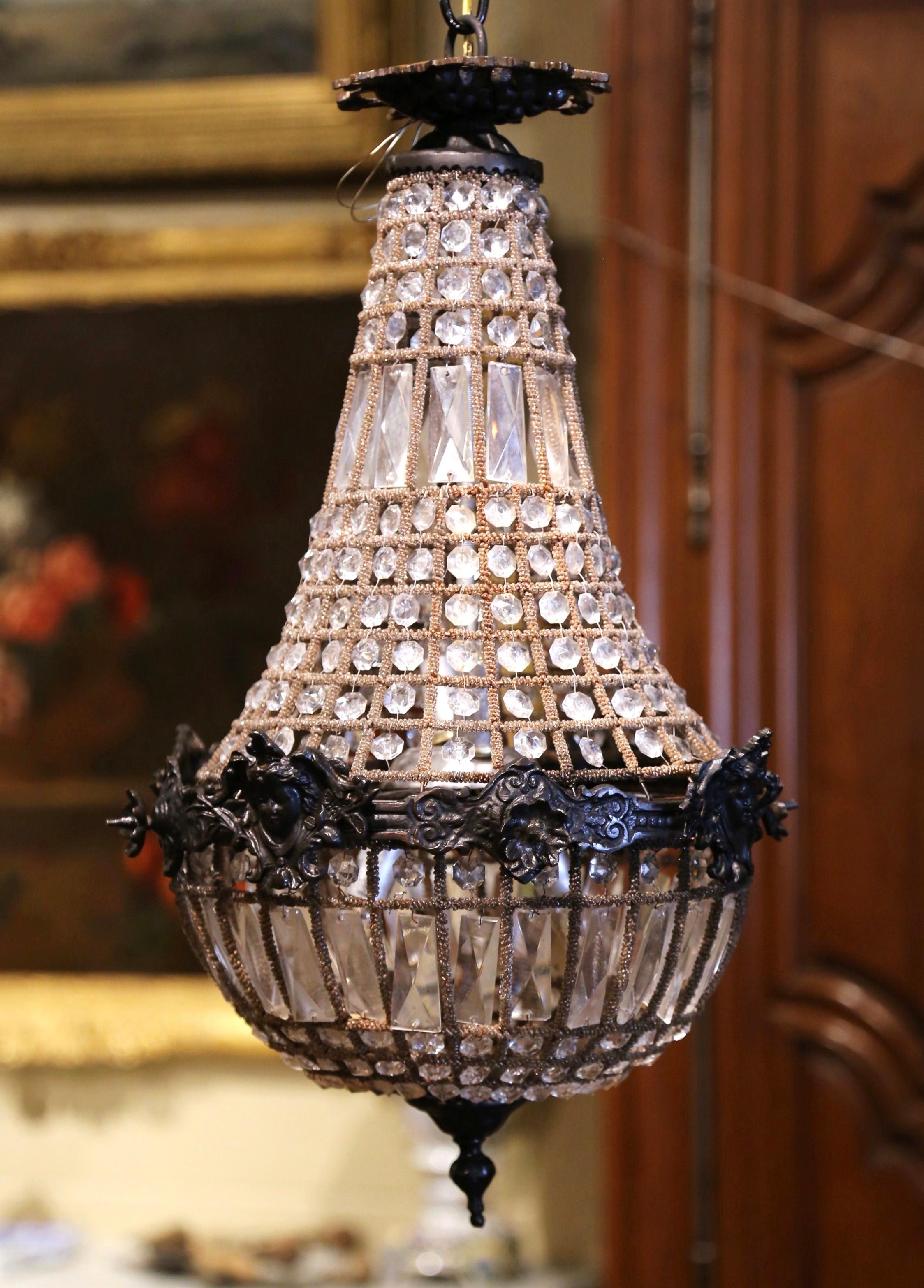 20th Century Mid-Century French Crystal and Patinated Bronze Four-Light Basket Chandelier