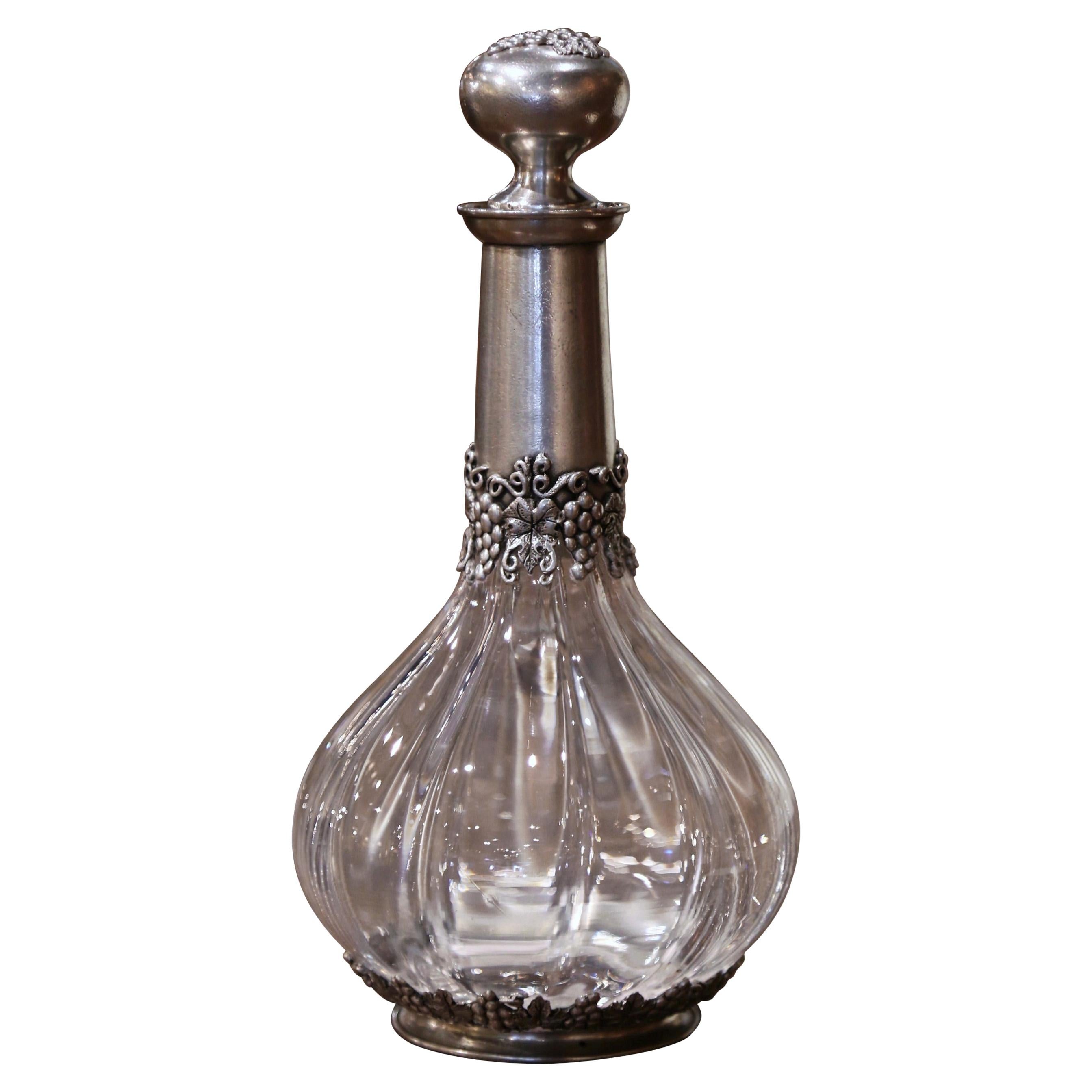 Mid-Century French Crystal and Pewter Wine Carafe Decanter with Grape Decor
