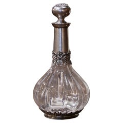 Mid-Century French Crystal and Pewter Wine Carafe Decanter with Grape Decor