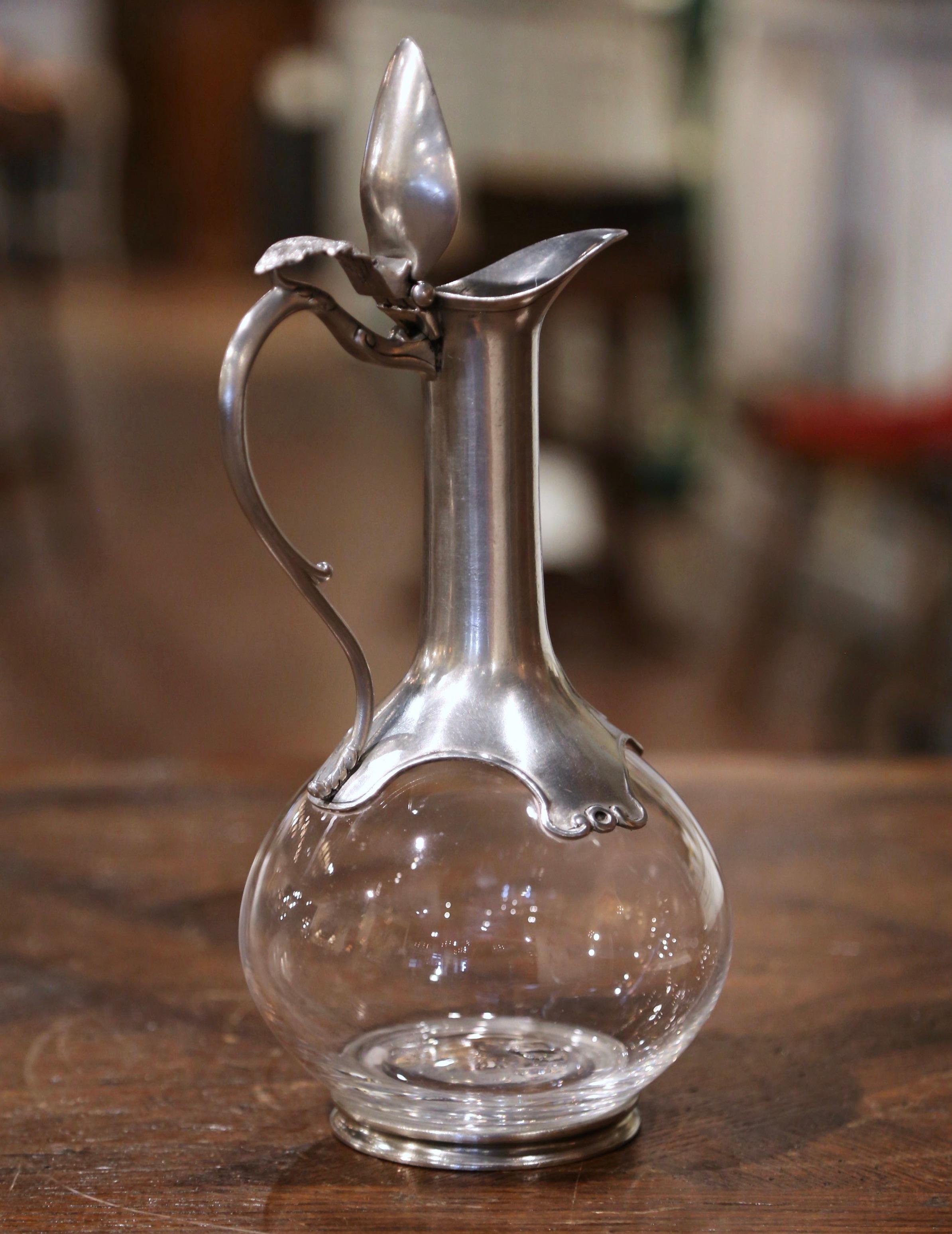 Mid-Century French Crystal and Pewter Wine Carafe with Acanthus Leaf Decor In Excellent Condition In Dallas, TX