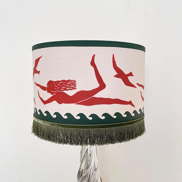 Mid Century French Crystal Glass Table Lamp with Round Fabric Lamp