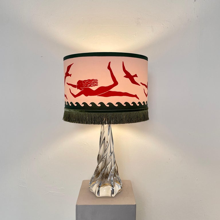 Mid Century French Crystal Glass Table Lamp with Round Fabric Lamp