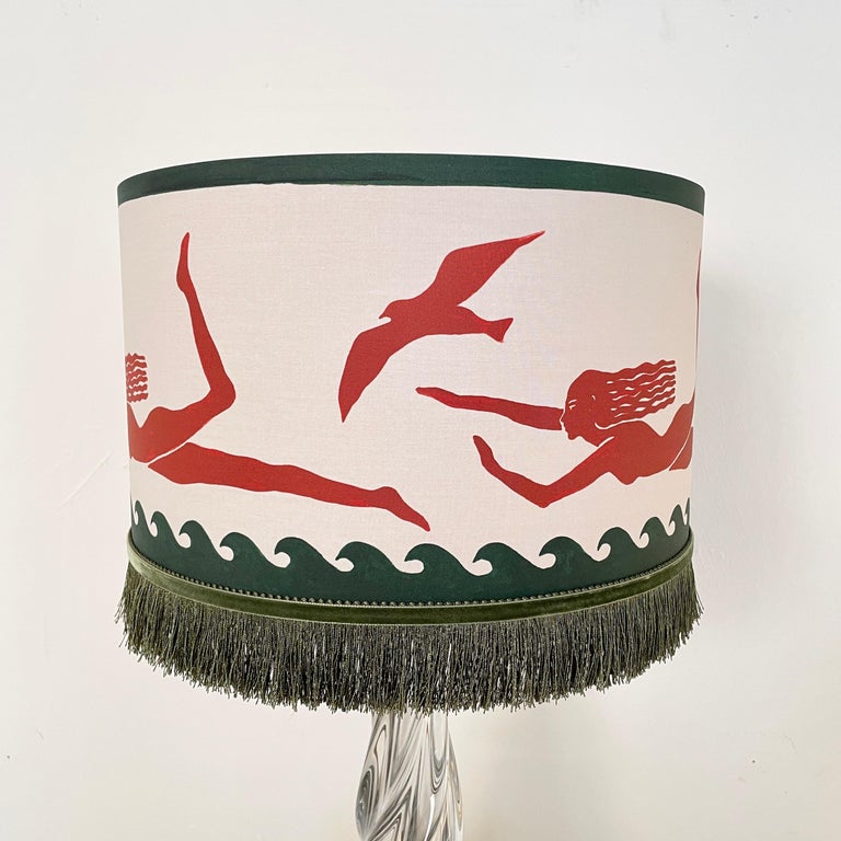 Mid Century French Crystal Glass Table Lamp with Round Fabric Lamp