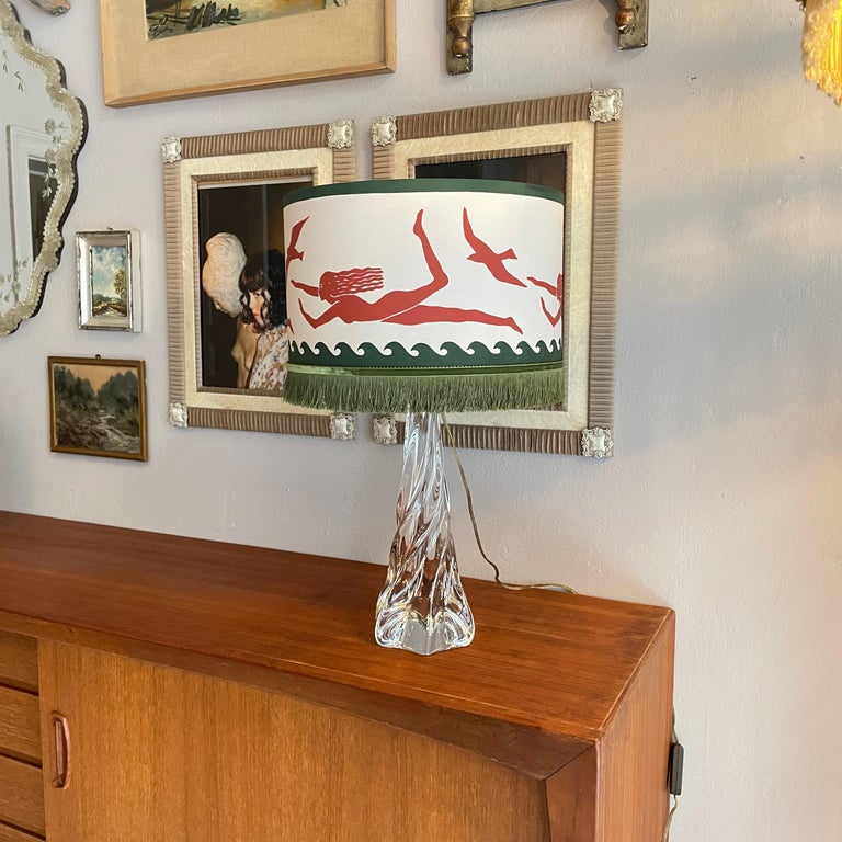 Mid Century French Crystal Glass Table Lamp with Round Fabric Lamp