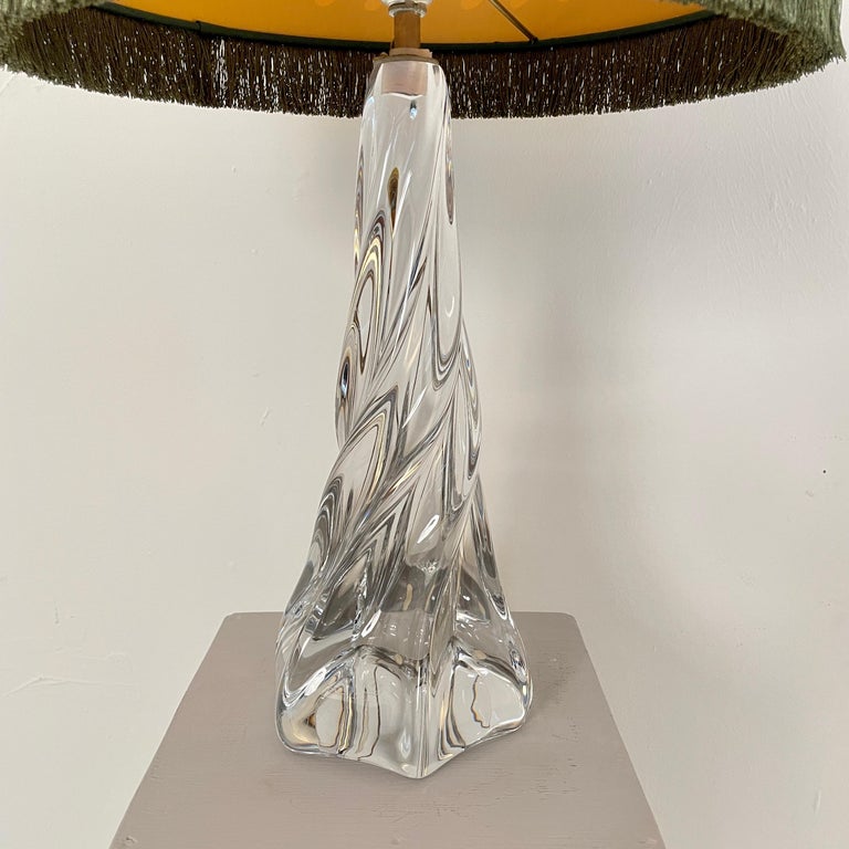 Mid Century French Crystal Glass Table Lamp with Round Fabric Lamp