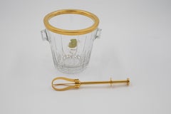 Mid-Century French Cut Crystal Ice Bucket with Gilt Brass Rim and Tongs