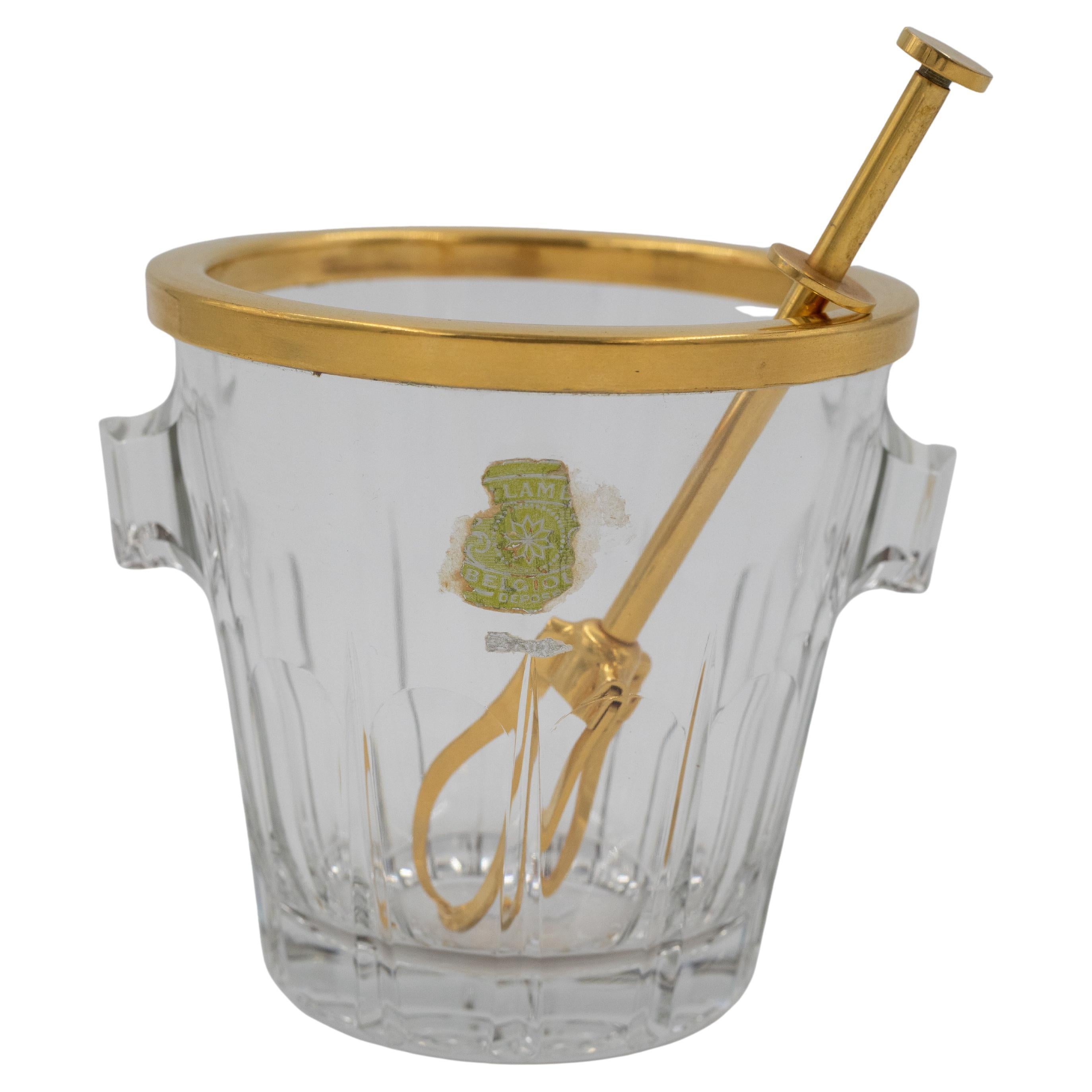 Mid-Century French Cut Crystal Ice Bucket with Gilt Brass Rim and Tongs