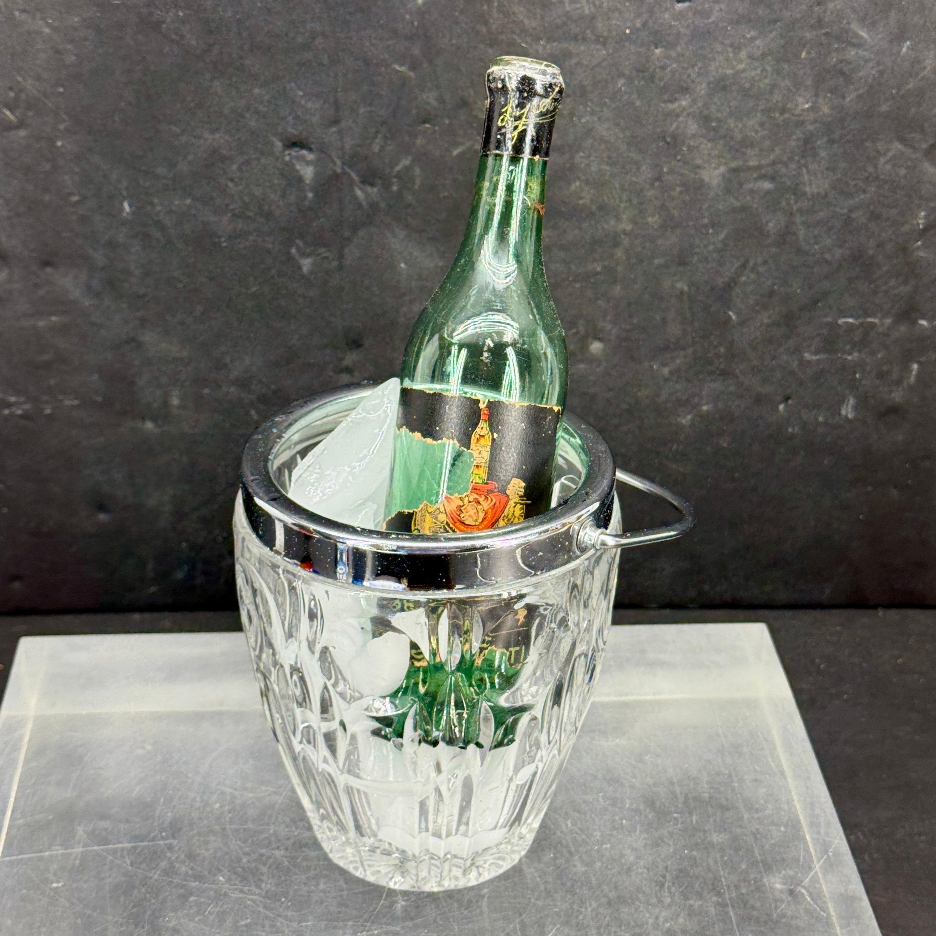 Hand-Crafted Mid-Century French Cut Crystal Ice Bucket with Handle For Sale