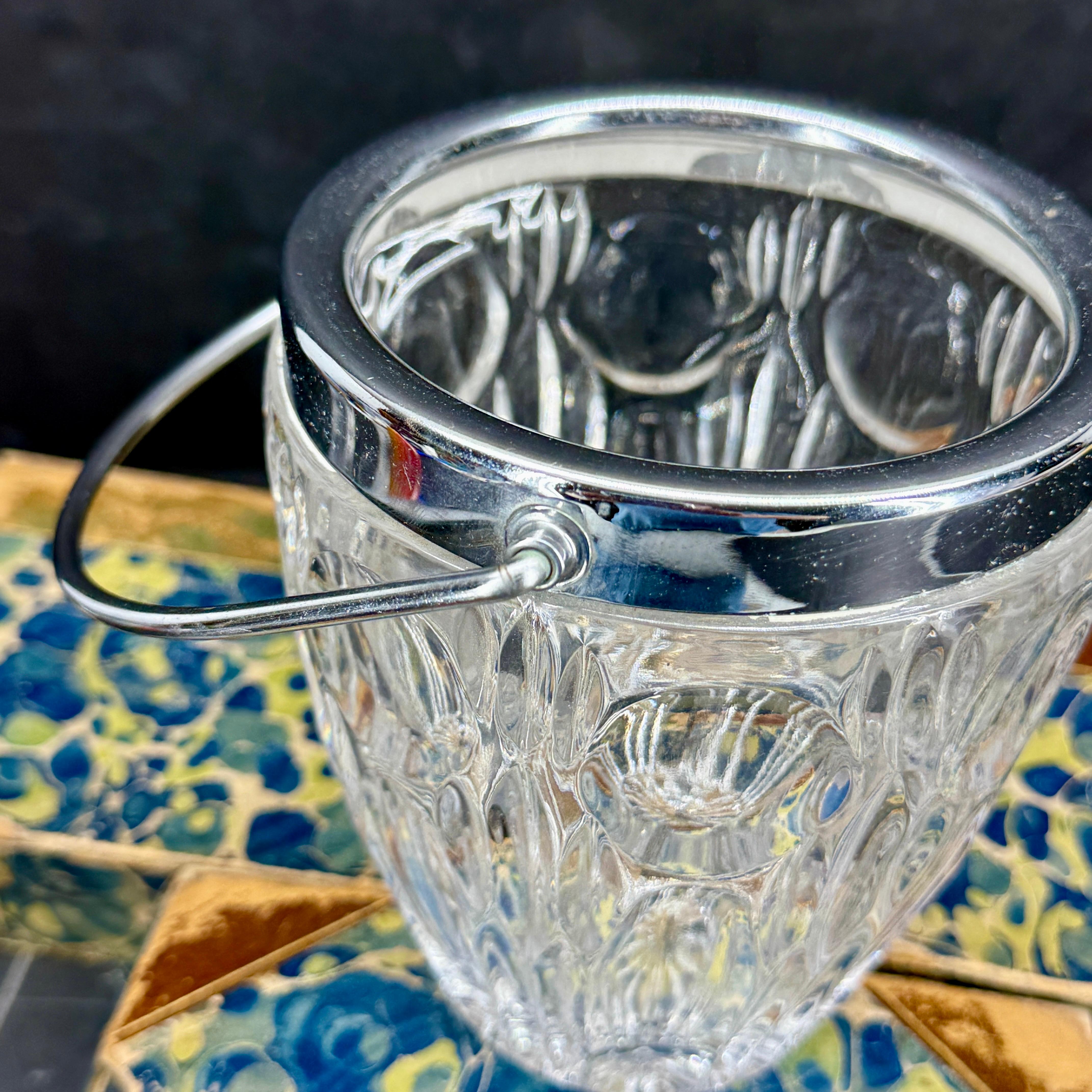 Glass Mid-Century French Cut Crystal Ice Bucket with Handle For Sale