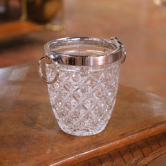 Mid-Century French Cut Crystal Ice Bucket with Silver Ring Handles