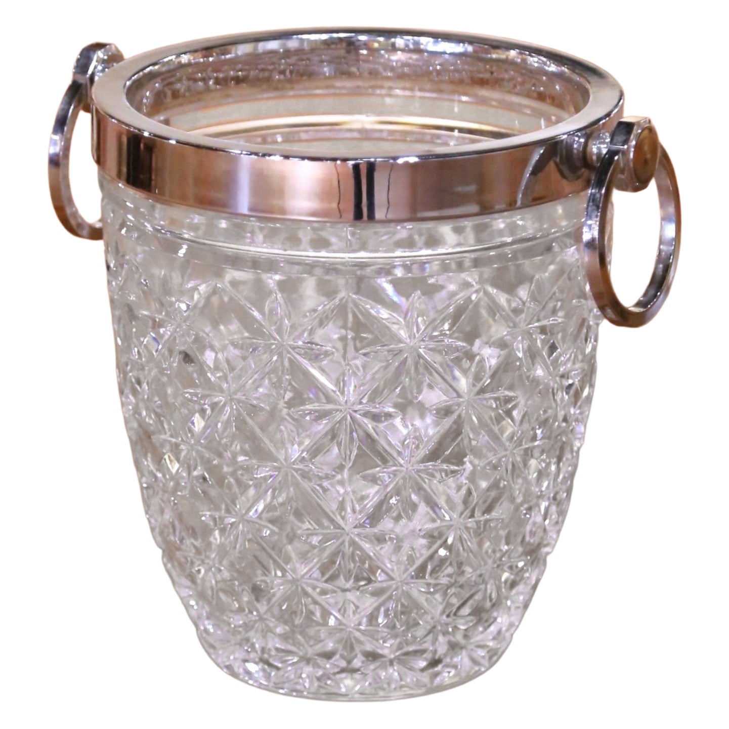 Mid-Century French Cut Crystal Ice Bucket with Silver Ring Handles