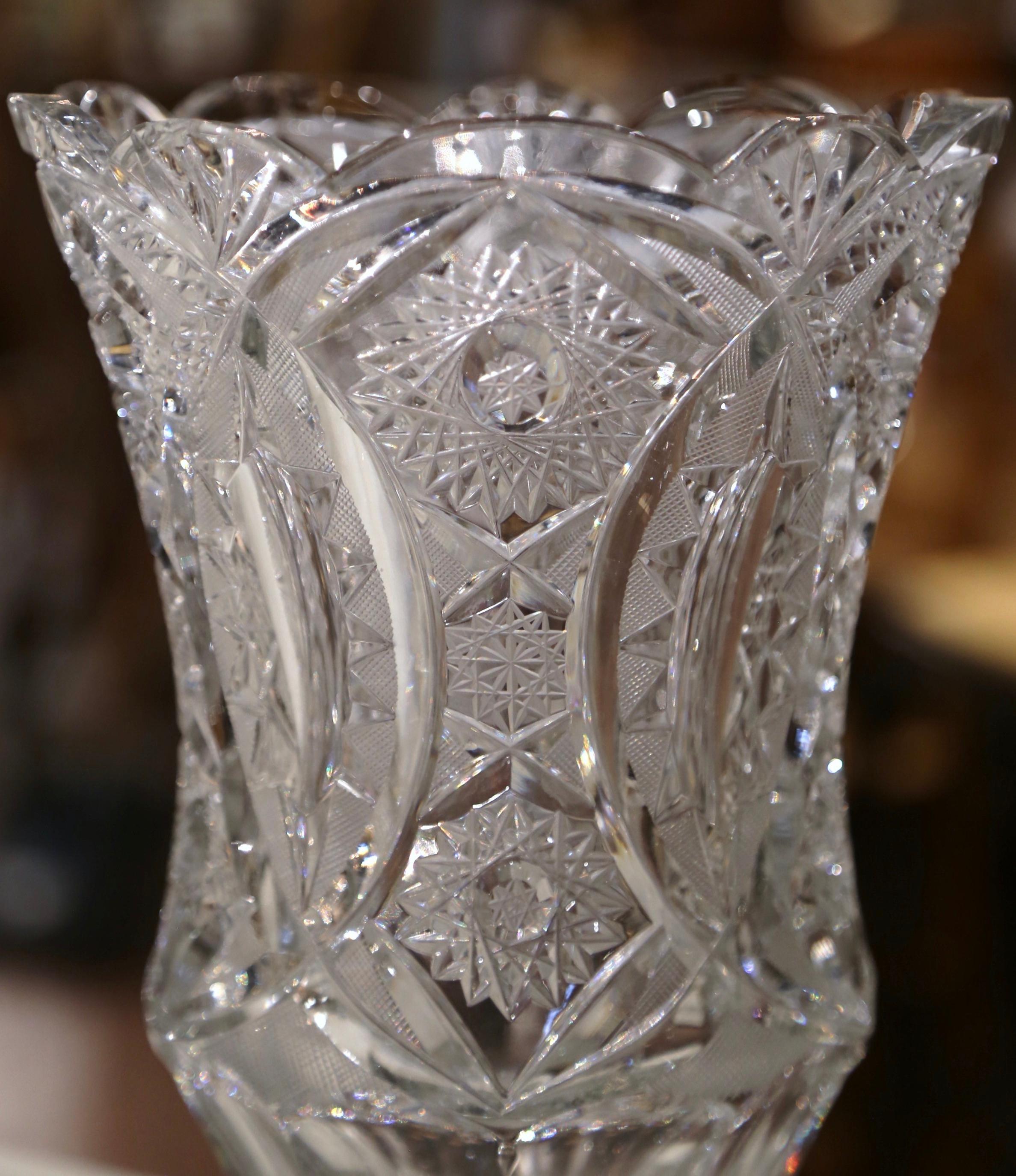 Hand-Crafted Mid-Century French Cut Crystal Vase with Etched Geometric and Floral Motifs For Sale