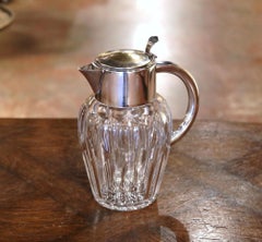 Midcentury French Cut-Glass and Silvered Brass Pitcher with Ice Holder Insert