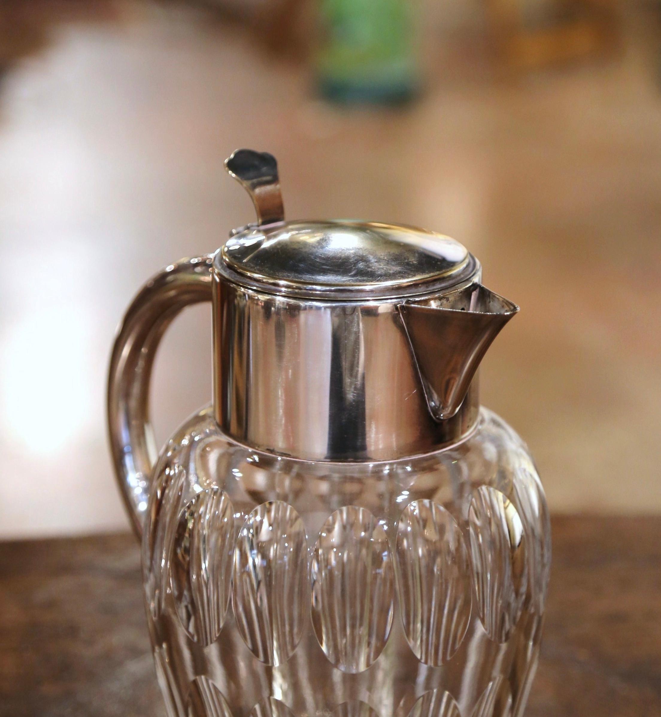 Hand-Crafted Midcentury French Cut-Glass and Silvered Brass Pitcher with Ice Holder Insert