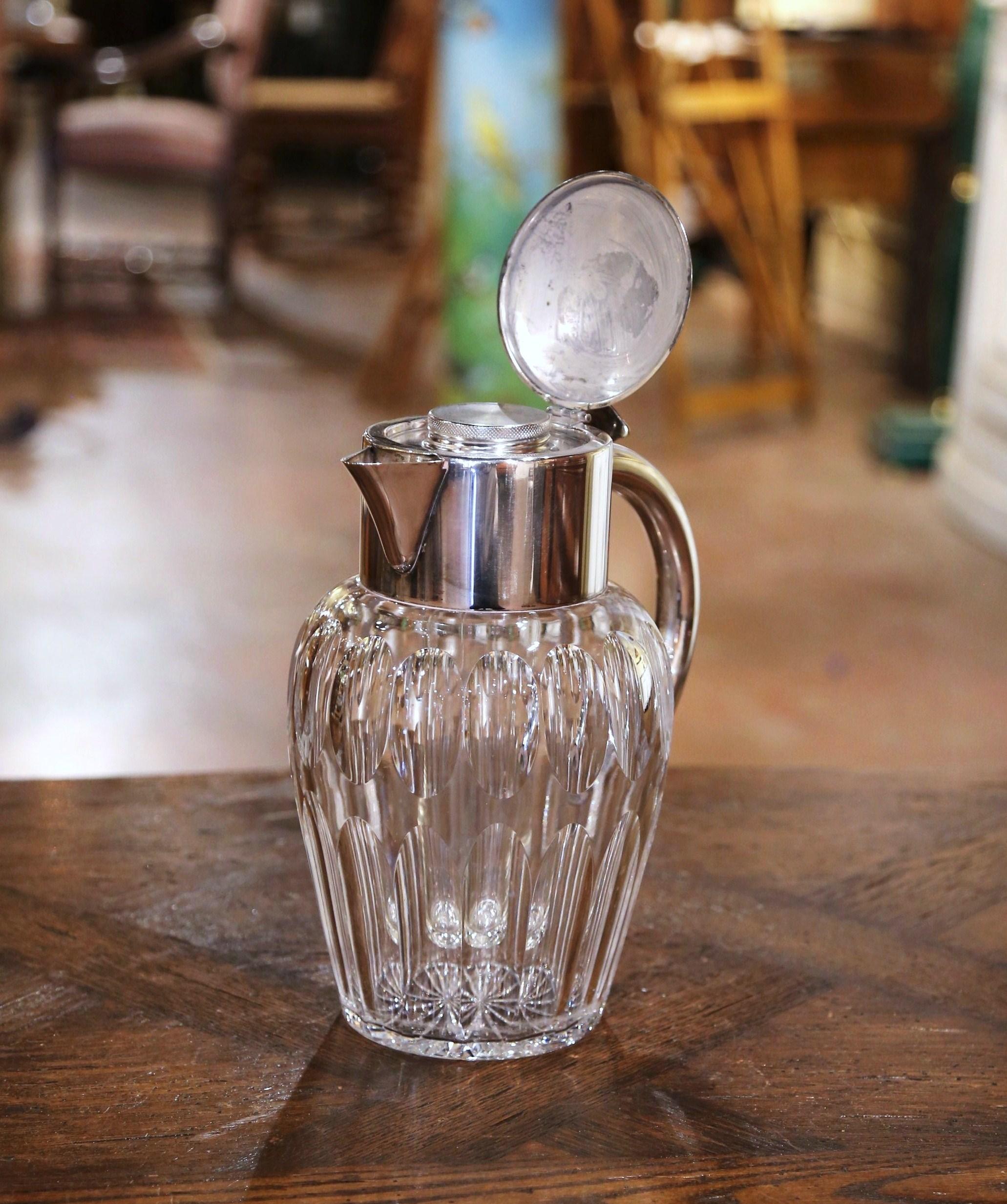 Midcentury French Cut-Glass and Silvered Brass Pitcher with Ice Holder Insert In Excellent Condition In Dallas, TX