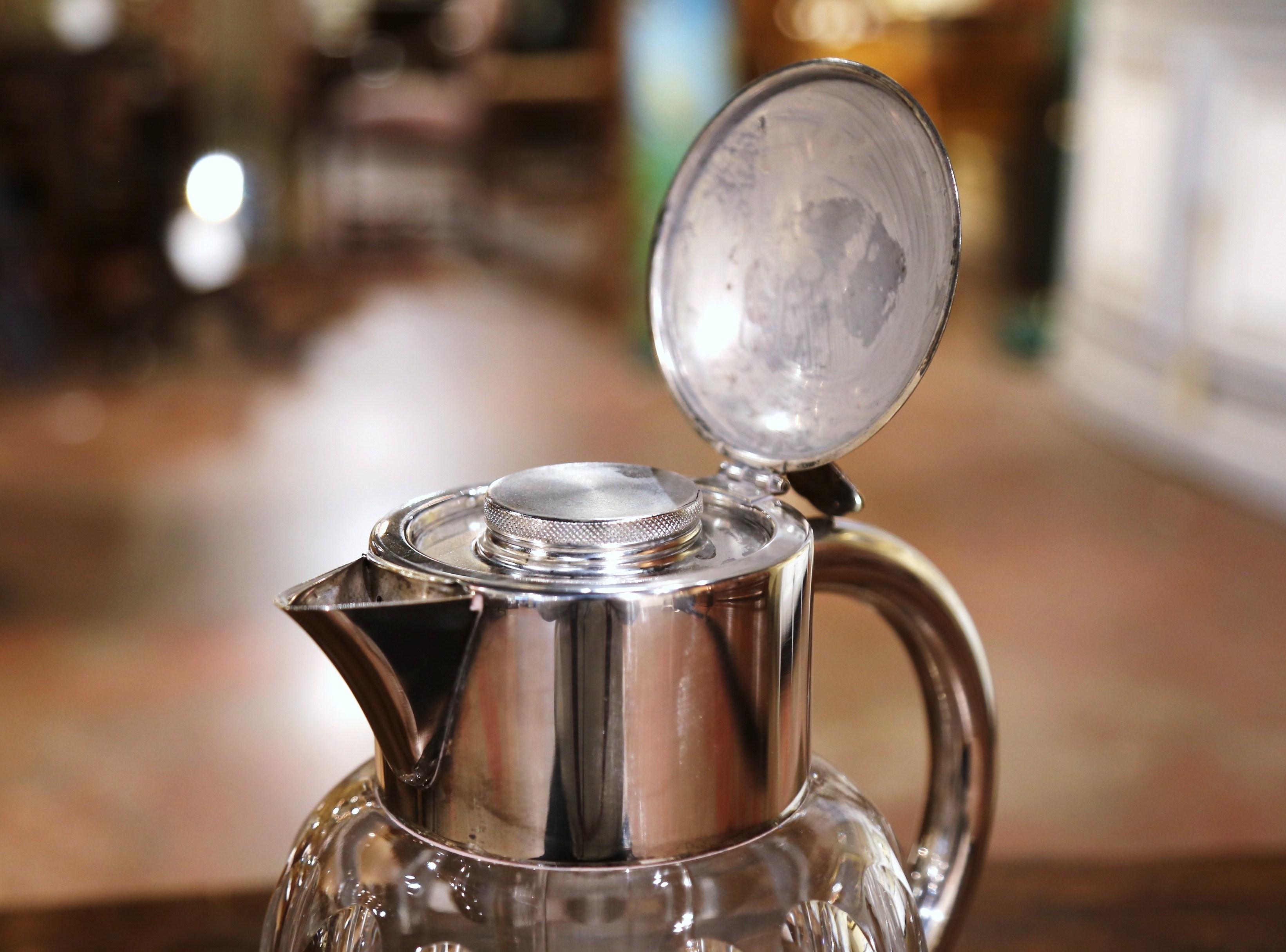 20th Century Midcentury French Cut-Glass and Silvered Brass Pitcher with Ice Holder Insert
