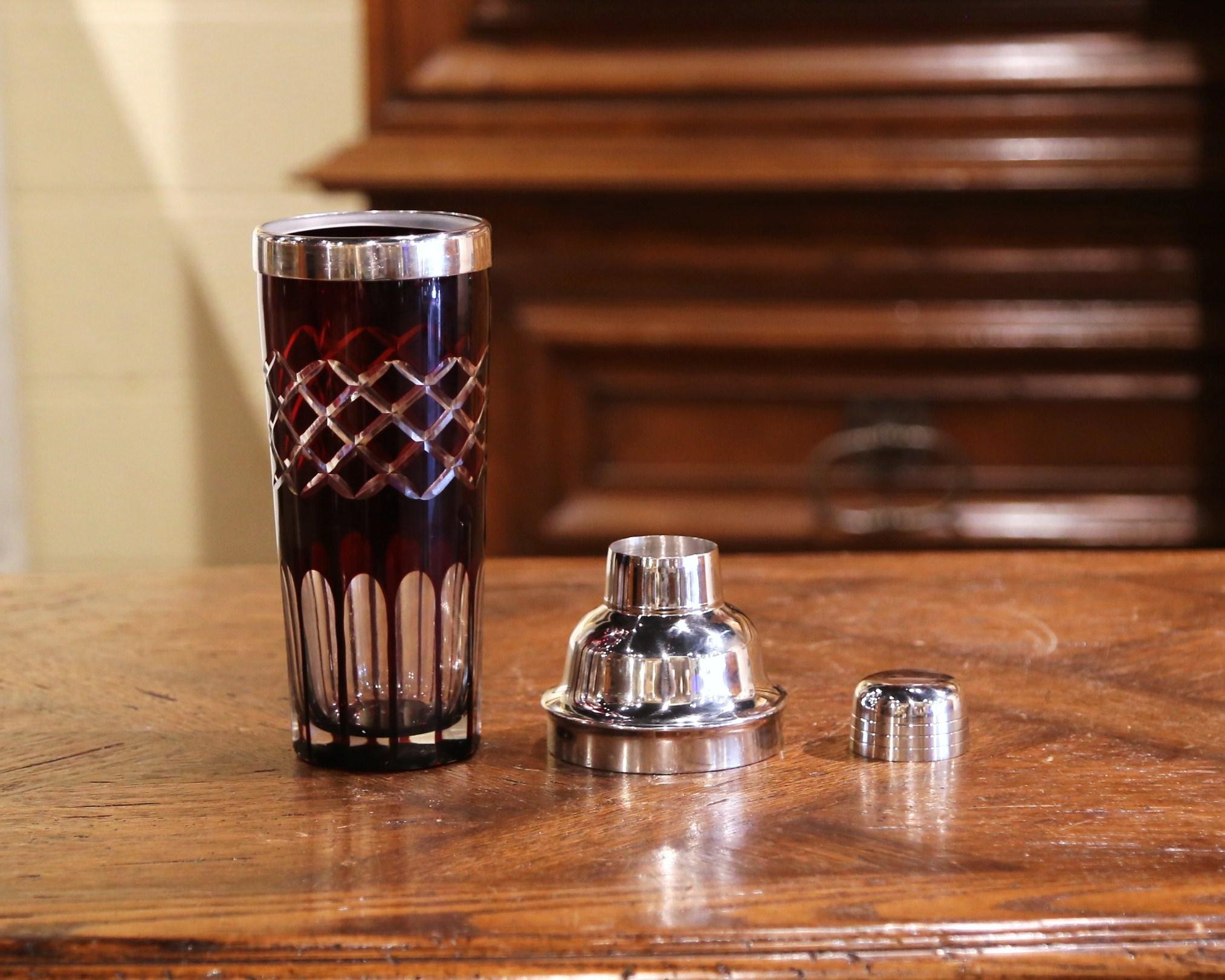 Hand-Crafted Midcentury French Cut-Glass and Silvered Metal Cocktail Shaker
