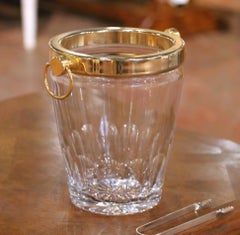 Mid-Century French Cut Glass Champagne Bucket with Brass Ring Handles with Tongs