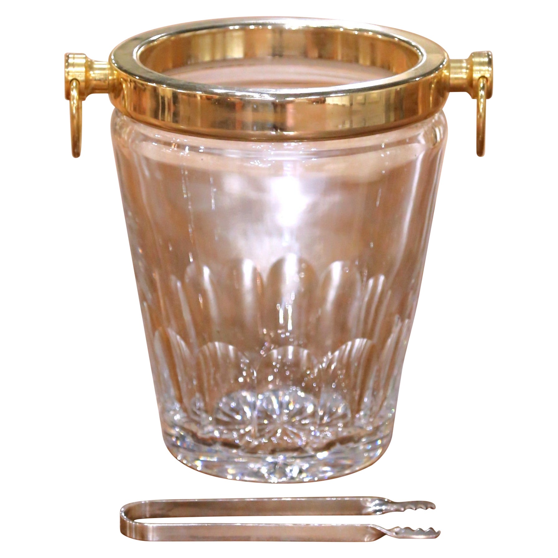 Mid-Century French Cut Glass Champagne Bucket with Brass Ring Handles with Tongs For Sale