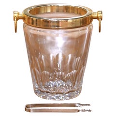 Mid-Century French Cut Glass Champagne Bucket with Brass Ring Handles with Tongs Mid-Century French Cut Glass Champagne Bucket with Brass Ring Handles with Tongs