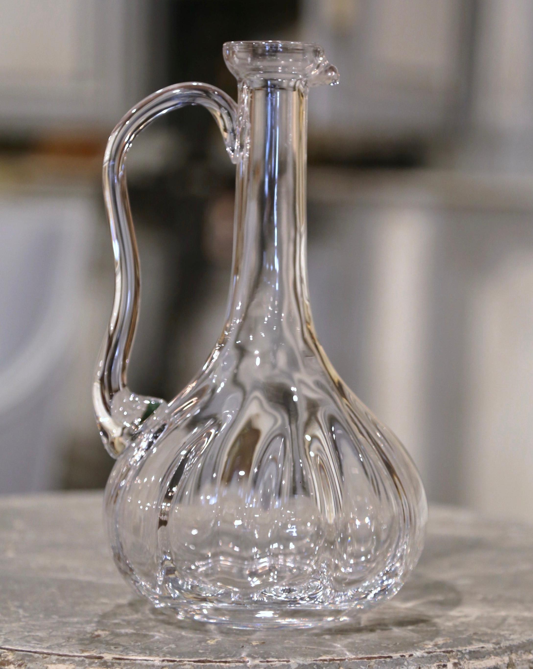 Hand-Crafted Mid-Century French Cut Glass Wine Decanter Carafe with Handle