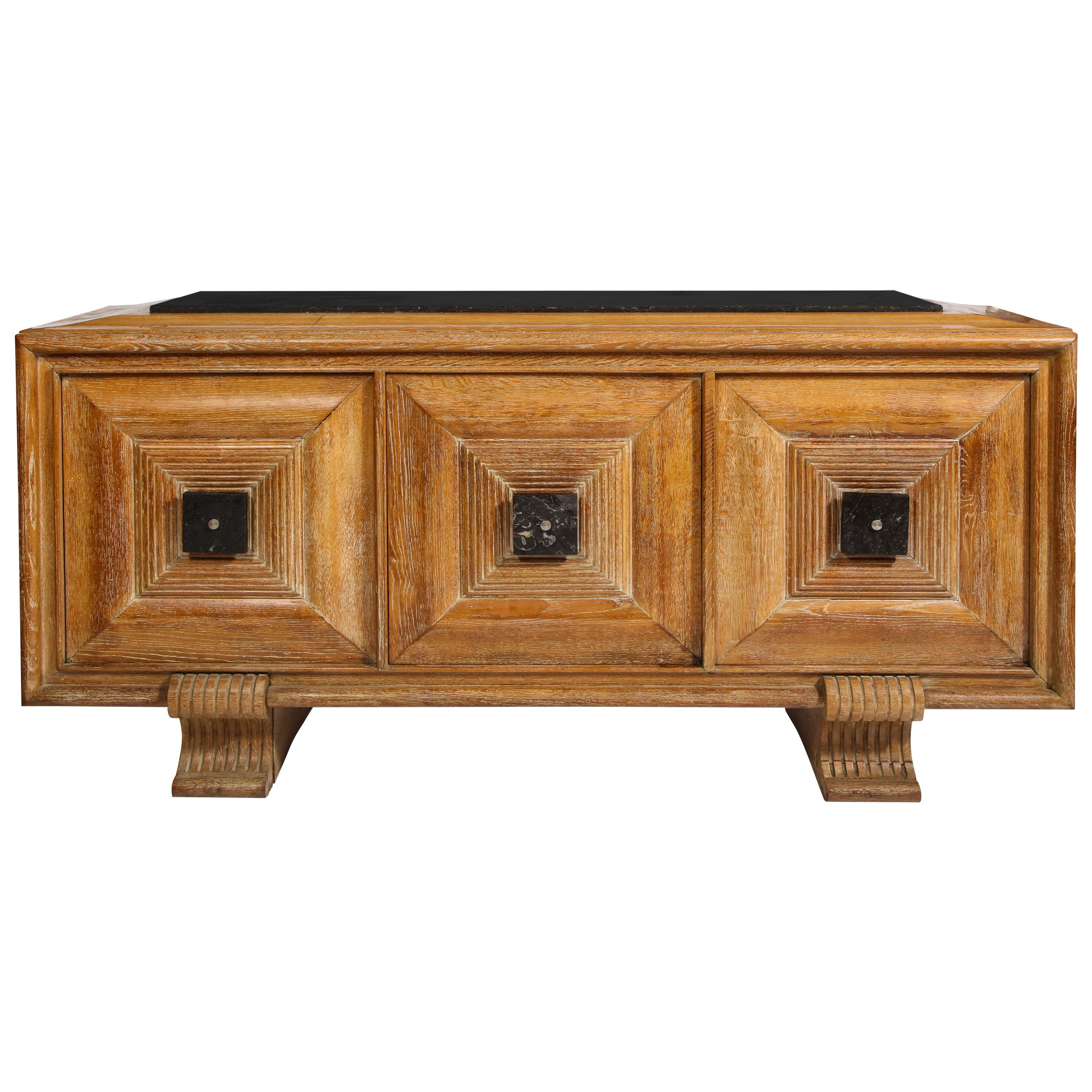 Midcentury French Deco Cerused Sideboard Black Marble Details and Top, France