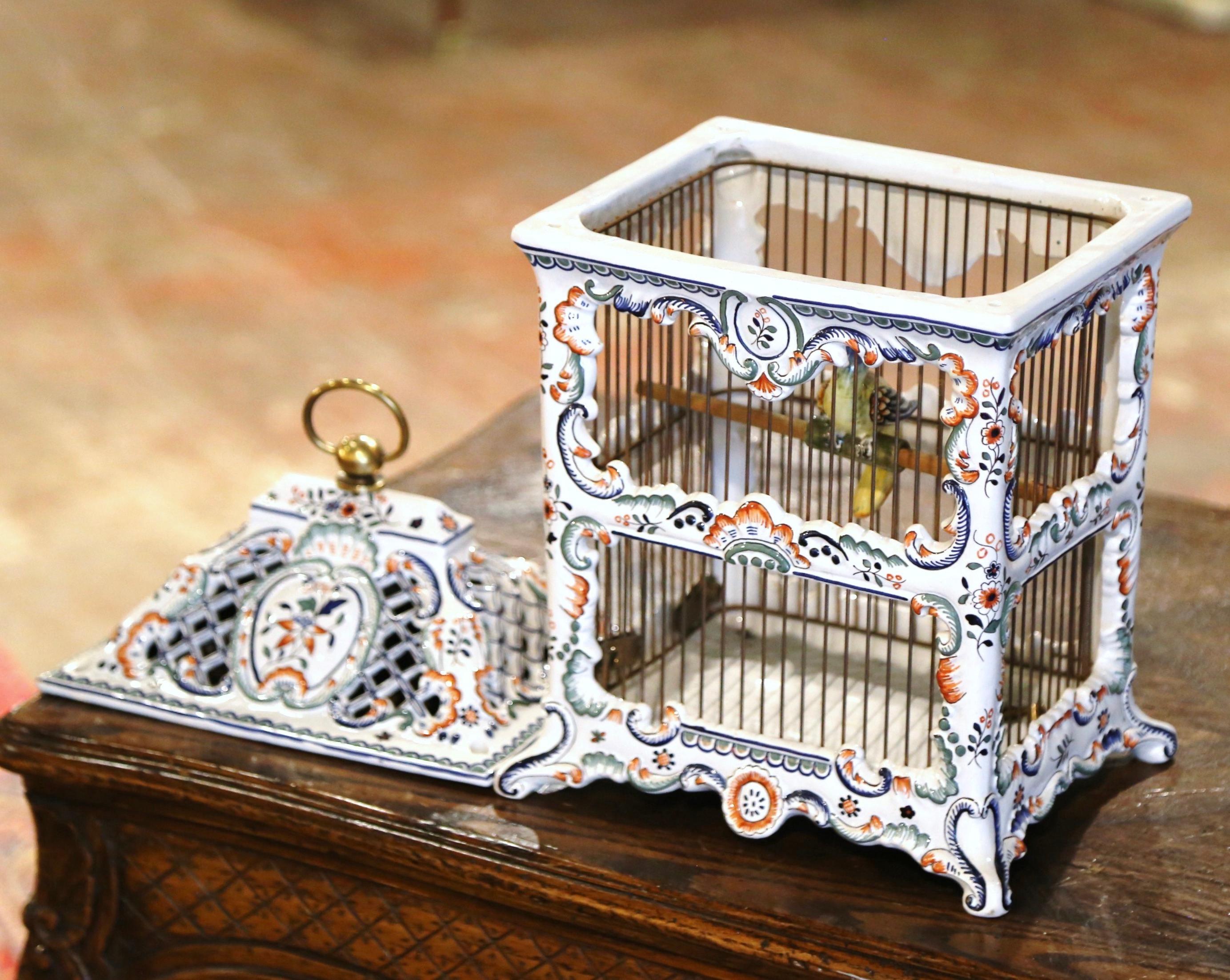 Midcentury French Decorative Hand Painted Porcelain Birdcage from Normandy 4