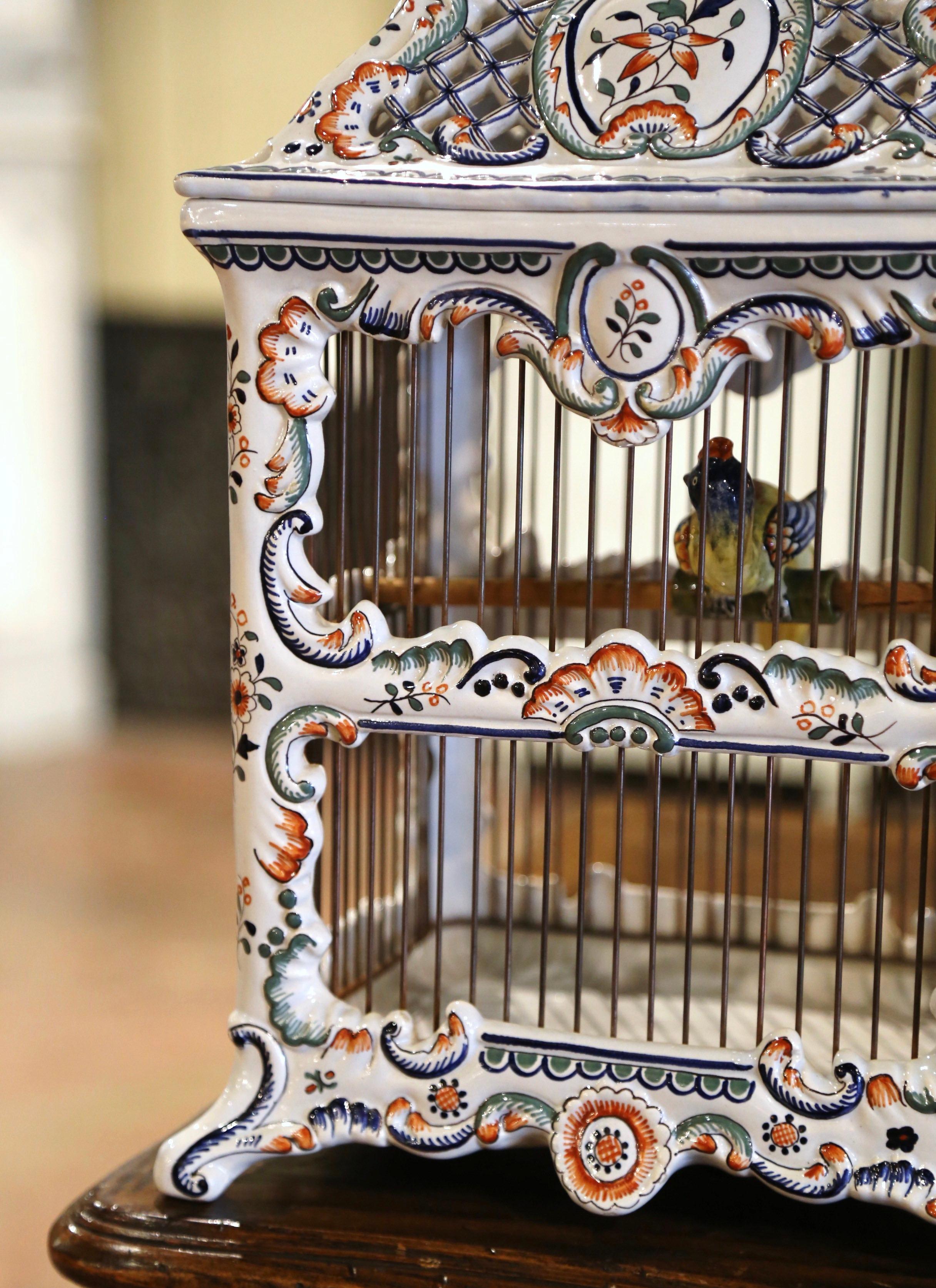 Louis XV Midcentury French Decorative Hand Painted Porcelain Birdcage from Normandy