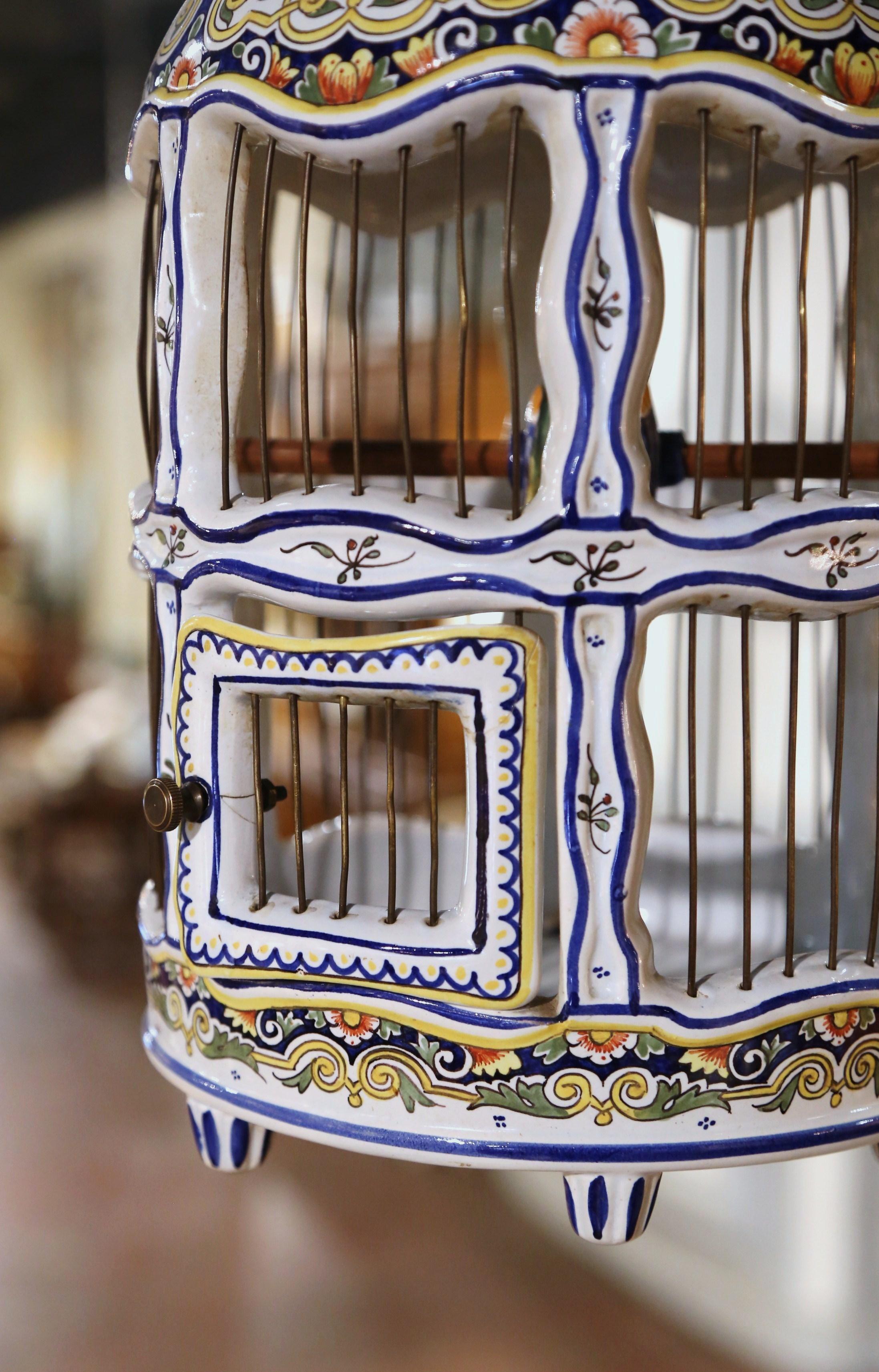 Hand-Crafted Mid-Century French Decorative Hand Painted Porcelain Birdcage from Normandy For Sale