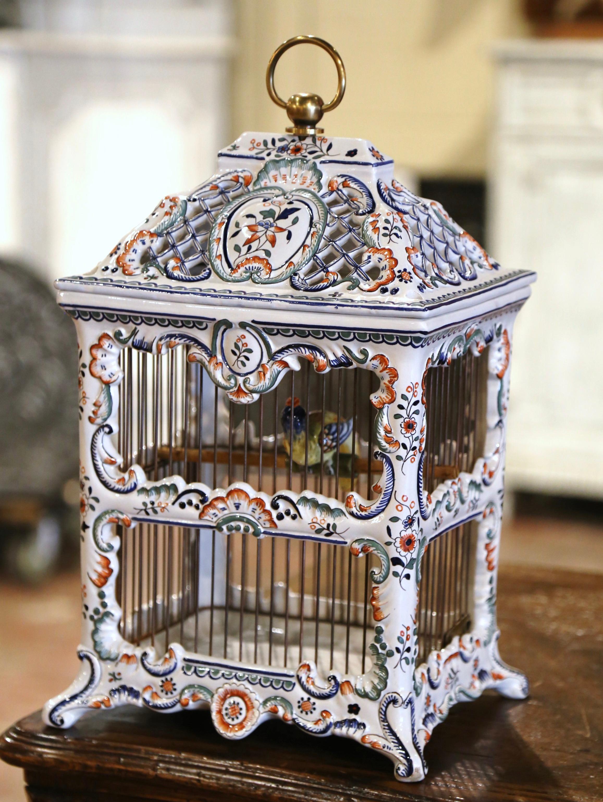 Hand-Crafted Midcentury French Decorative Hand Painted Porcelain Birdcage from Normandy