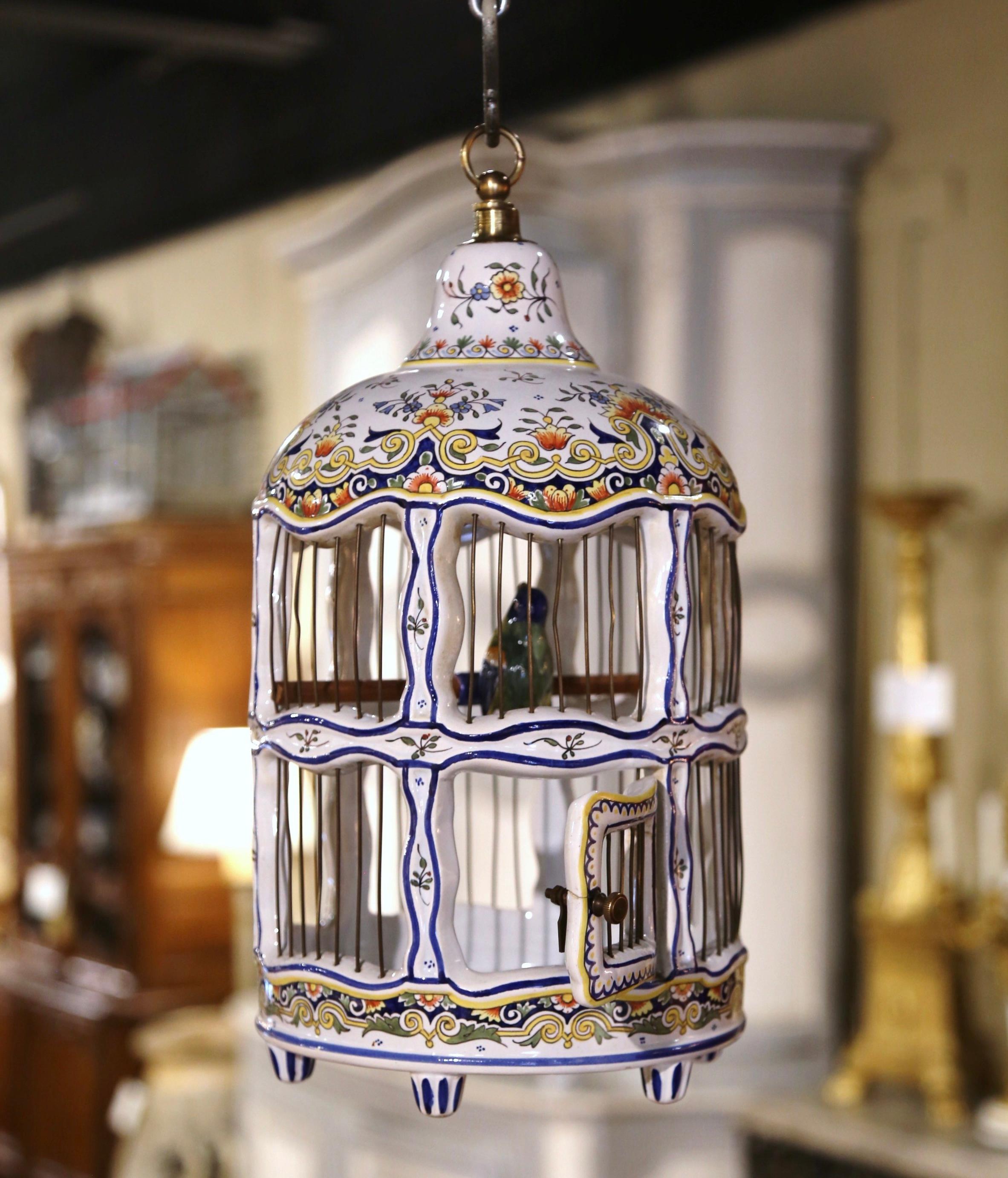 Mid-Century French Decorative Hand Painted Porcelain Birdcage from Normandy In Excellent Condition For Sale In Dallas, TX