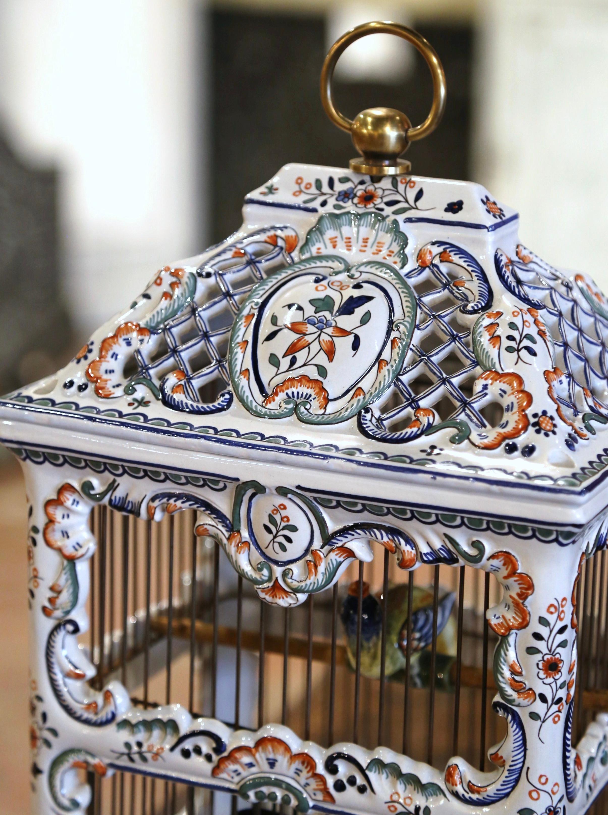 Midcentury French Decorative Hand Painted Porcelain Birdcage from Normandy In Excellent Condition In Dallas, TX