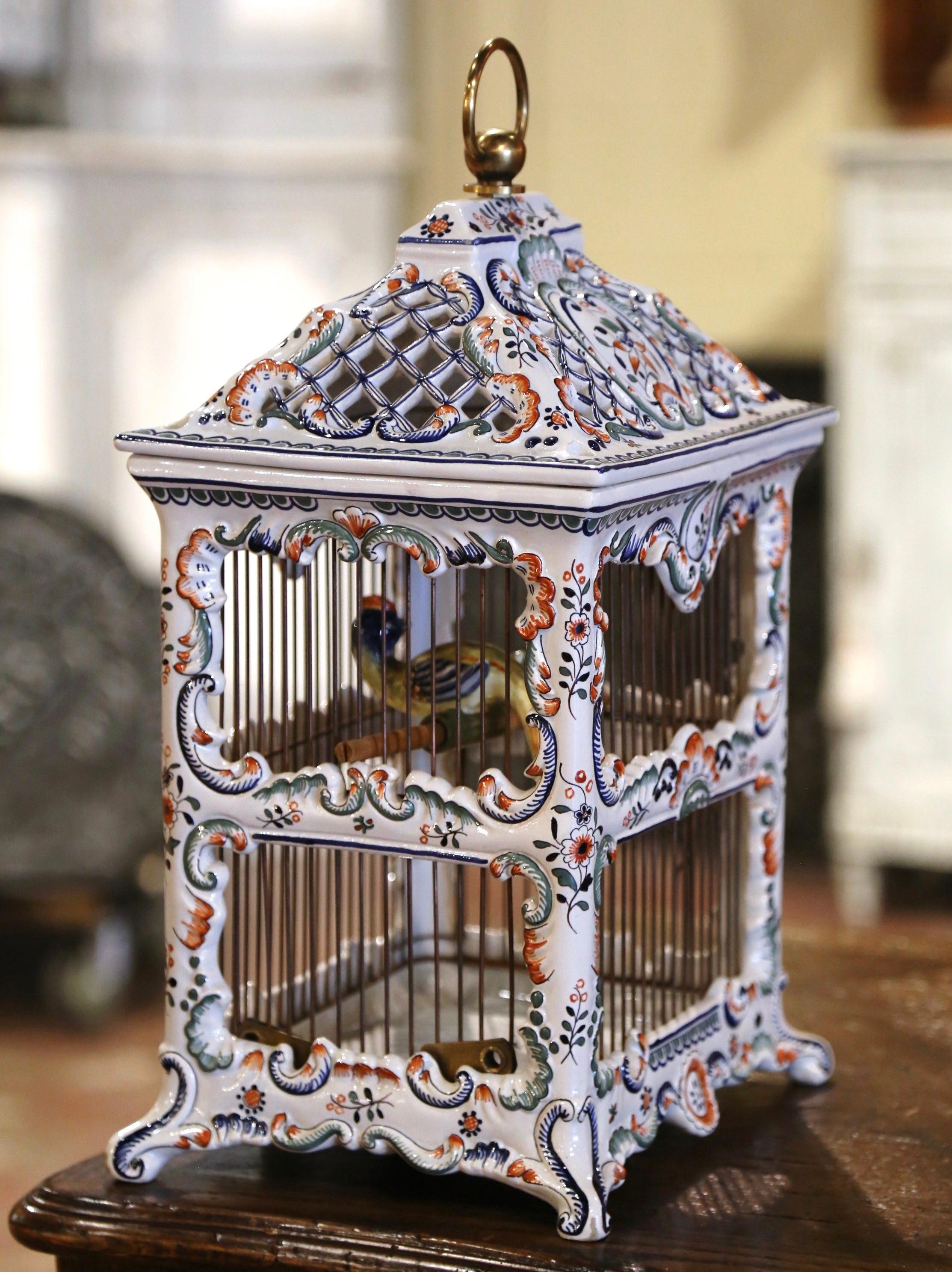 20th Century Midcentury French Decorative Hand Painted Porcelain Birdcage from Normandy