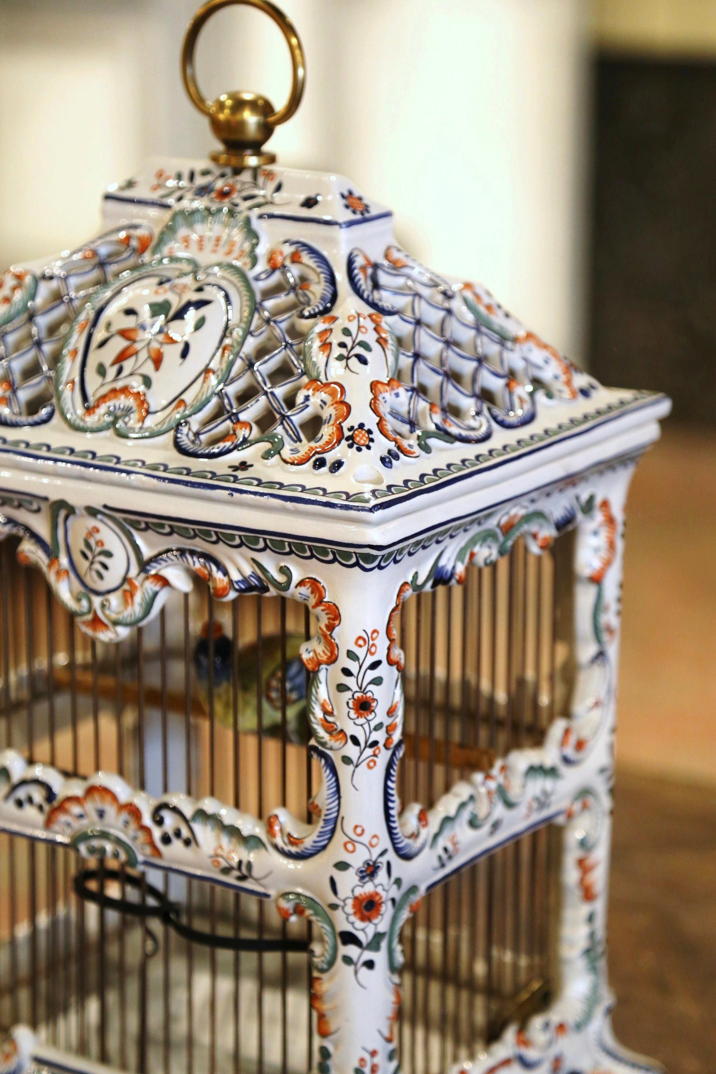Ceramic Midcentury French Decorative Hand Painted Porcelain Birdcage from Normandy