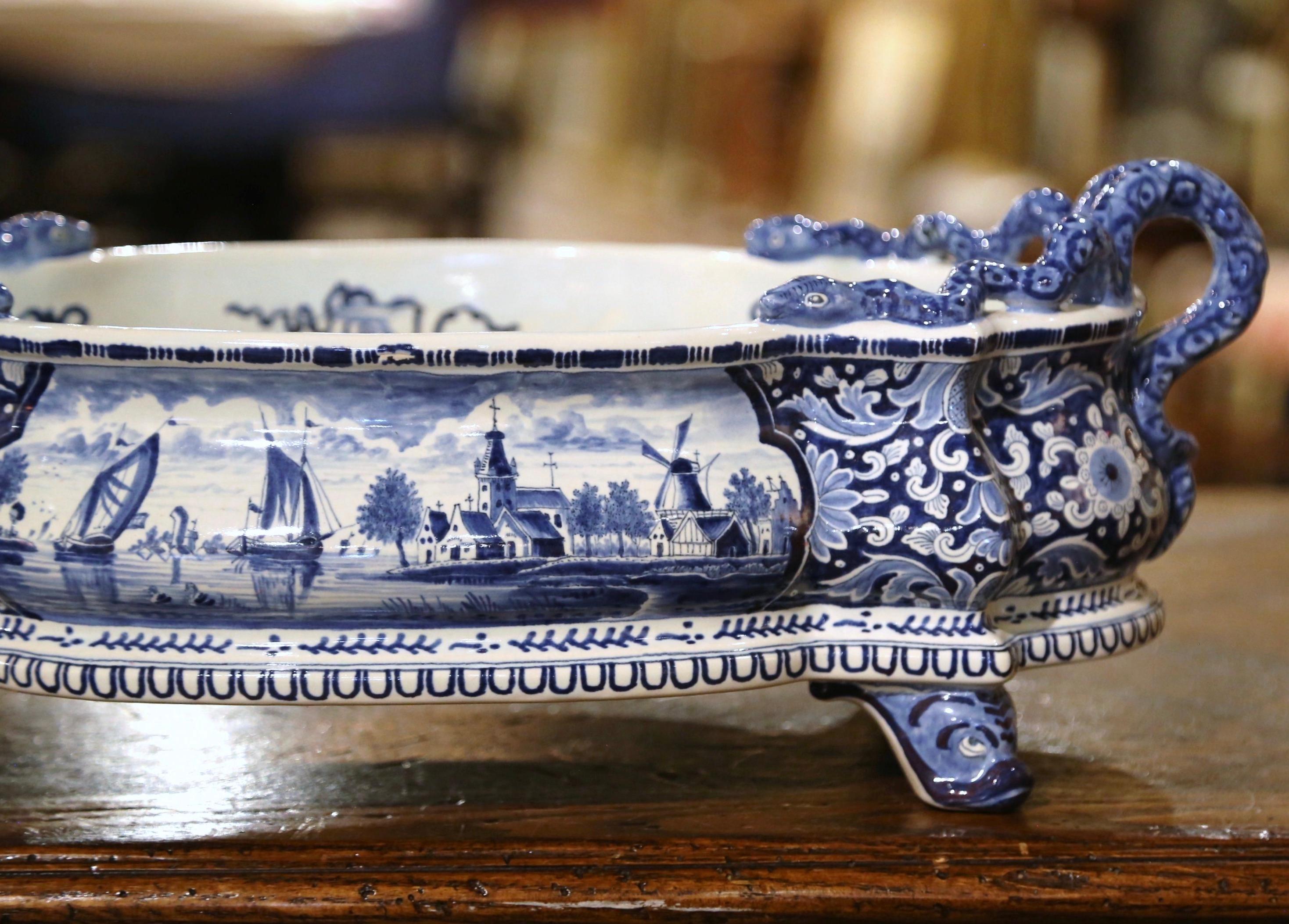 Louis XV Mid-Century French Delft Style Hand Painted Blue and White Faience Jardiniere
