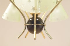 Midcentury French Design, Diabolo Shaped Glass and Brass Chandelier Pendant Lamp