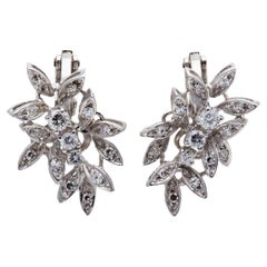 Midcentury French Diamond 18k White Gold Ear Clip Earrings