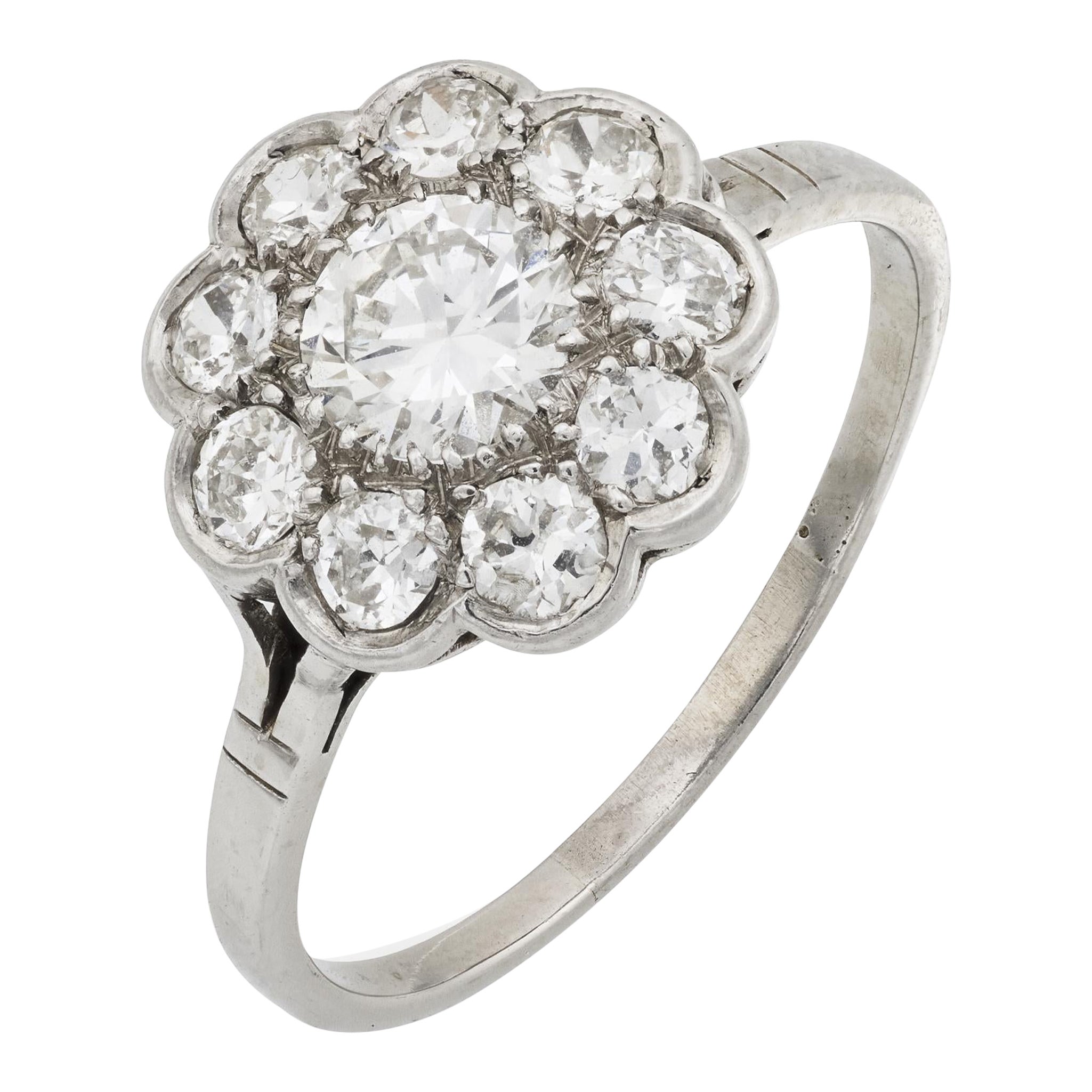 Mid Century French diamond 18k white gold flower ring
