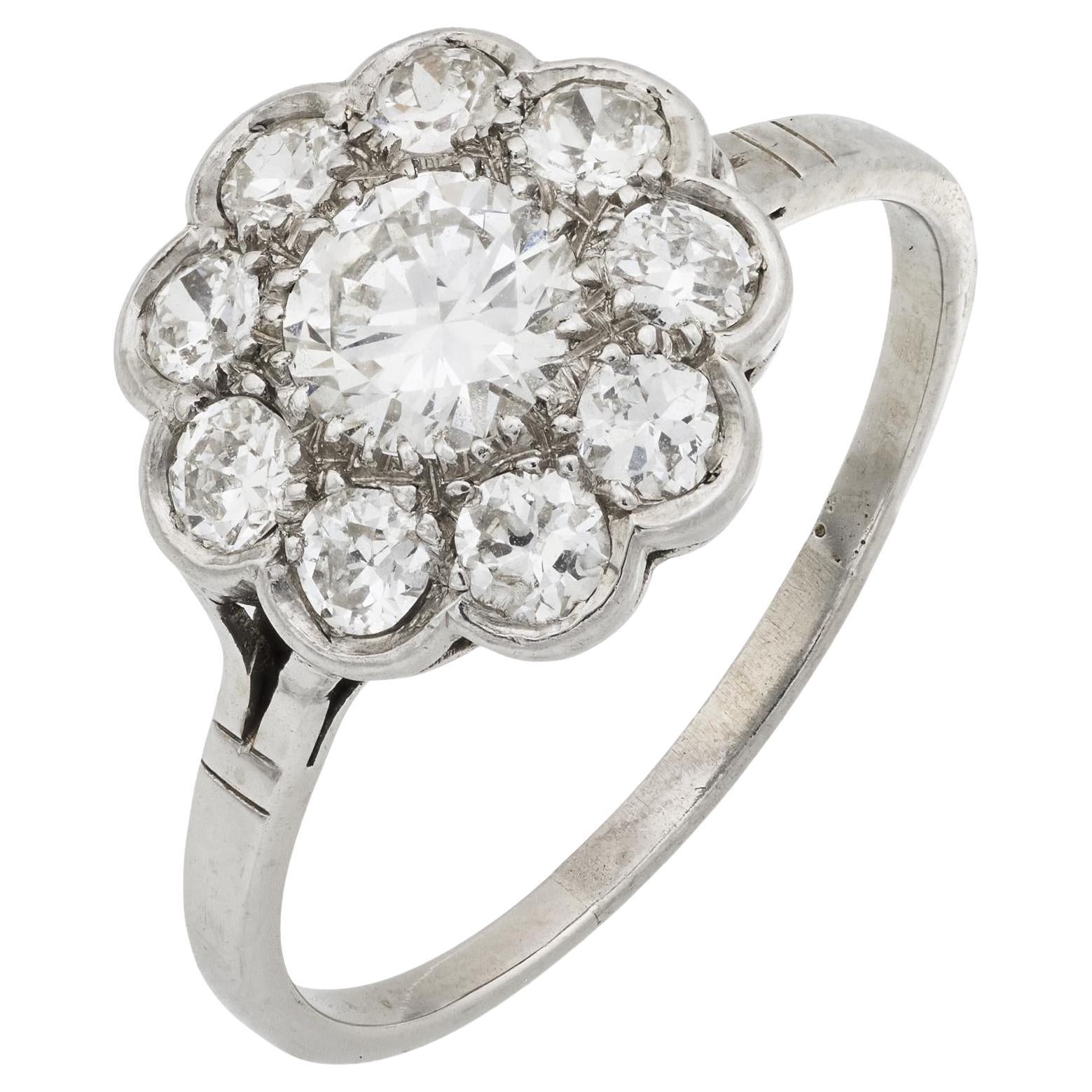 Mid Century French diamond 18k white gold flower ring For Sale