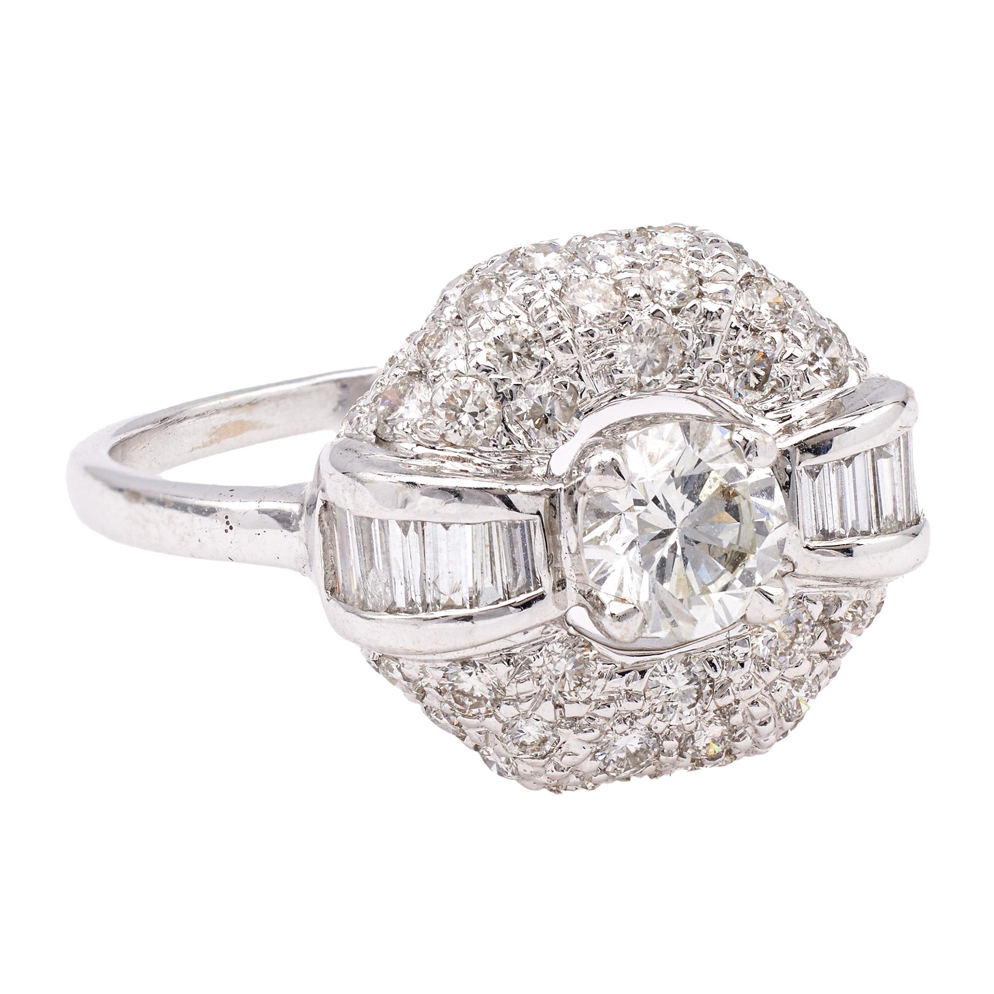 Women's or Men's Mid Century French Diamond 18k White Gold Ring For Sale