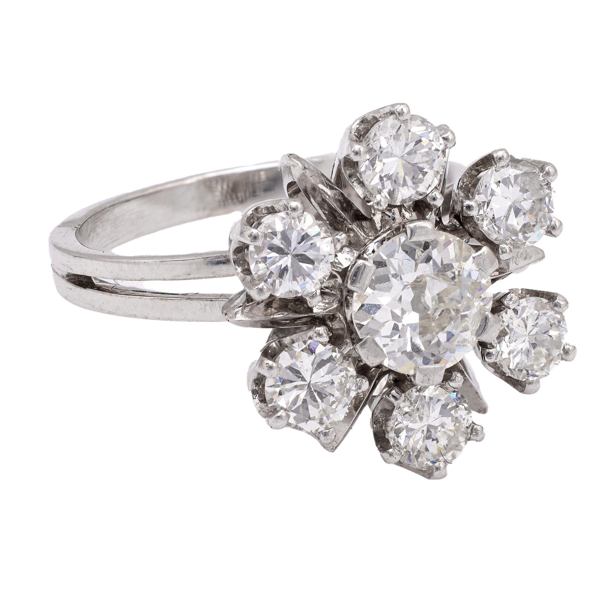 Women's or Men's Mid Century French Diamond 18k White Gold Snowflake Ring